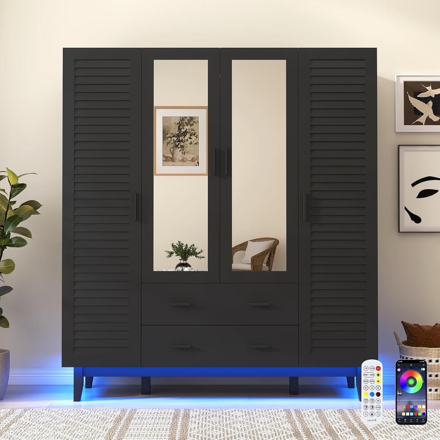 Blotout 70 Armoire Wardrobe Closet with Mirror & LED Lights, LED White Louver Door Wardrobe Armoire with 3 Drawers & Hanging Rods, Large 3 Doors Armoire Storage with Multi-Layer Shelves