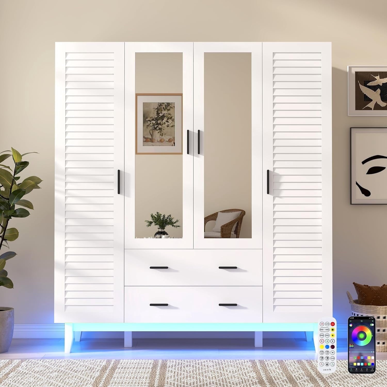 Blotout 70 Armoire Wardrobe Closet with Mirror & LED Lights, LED White Louver Door Wardrobe Armoire with 3 Drawers & Hanging Rods, Large 3 Doors Armoire Storage with Multi-Layer Shelves