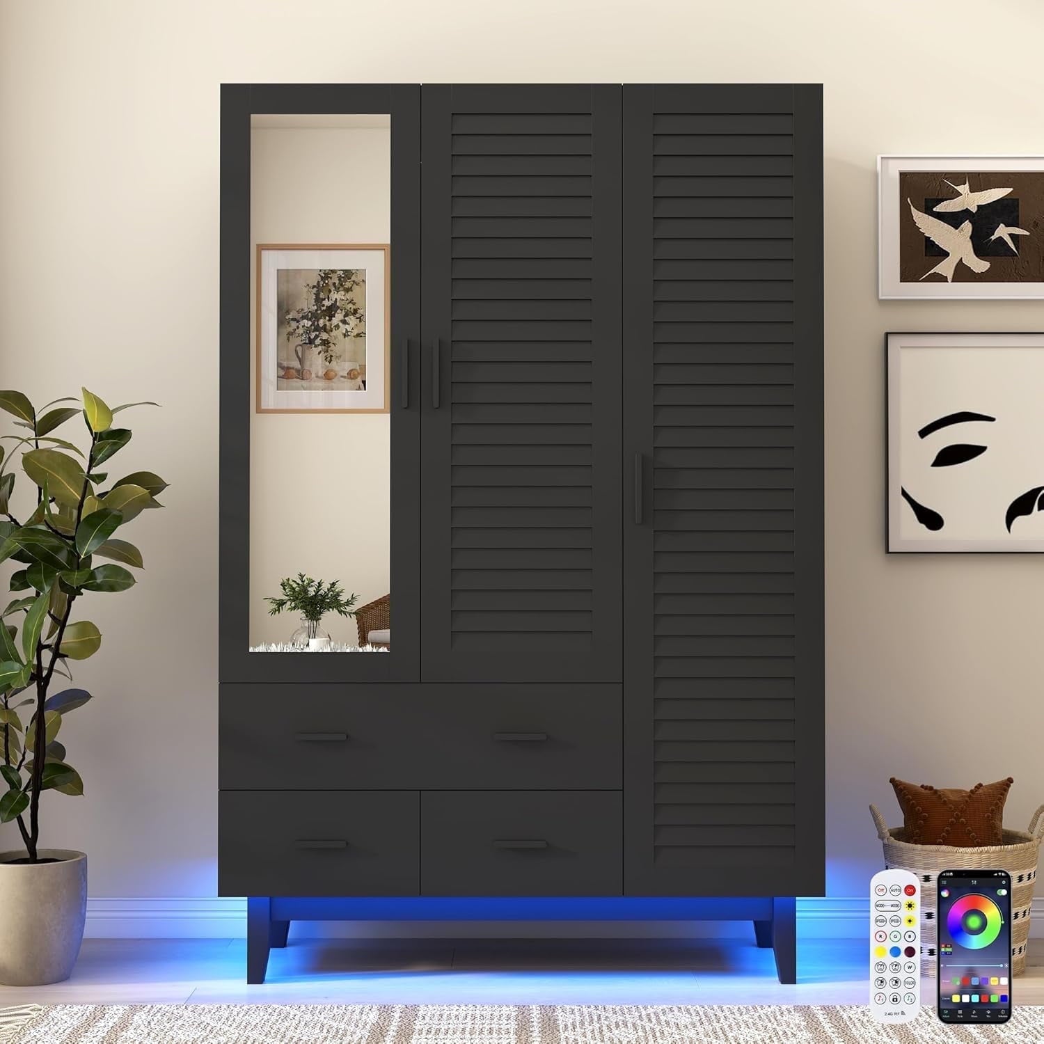 Blotout 70 Armoire Wardrobe Closet with Mirror & LED Lights, LED White Louver Door Wardrobe Armoire with 3 Drawers & Hanging Rods, Large 3 Doors Armoire Storage with Multi-Layer Shelves