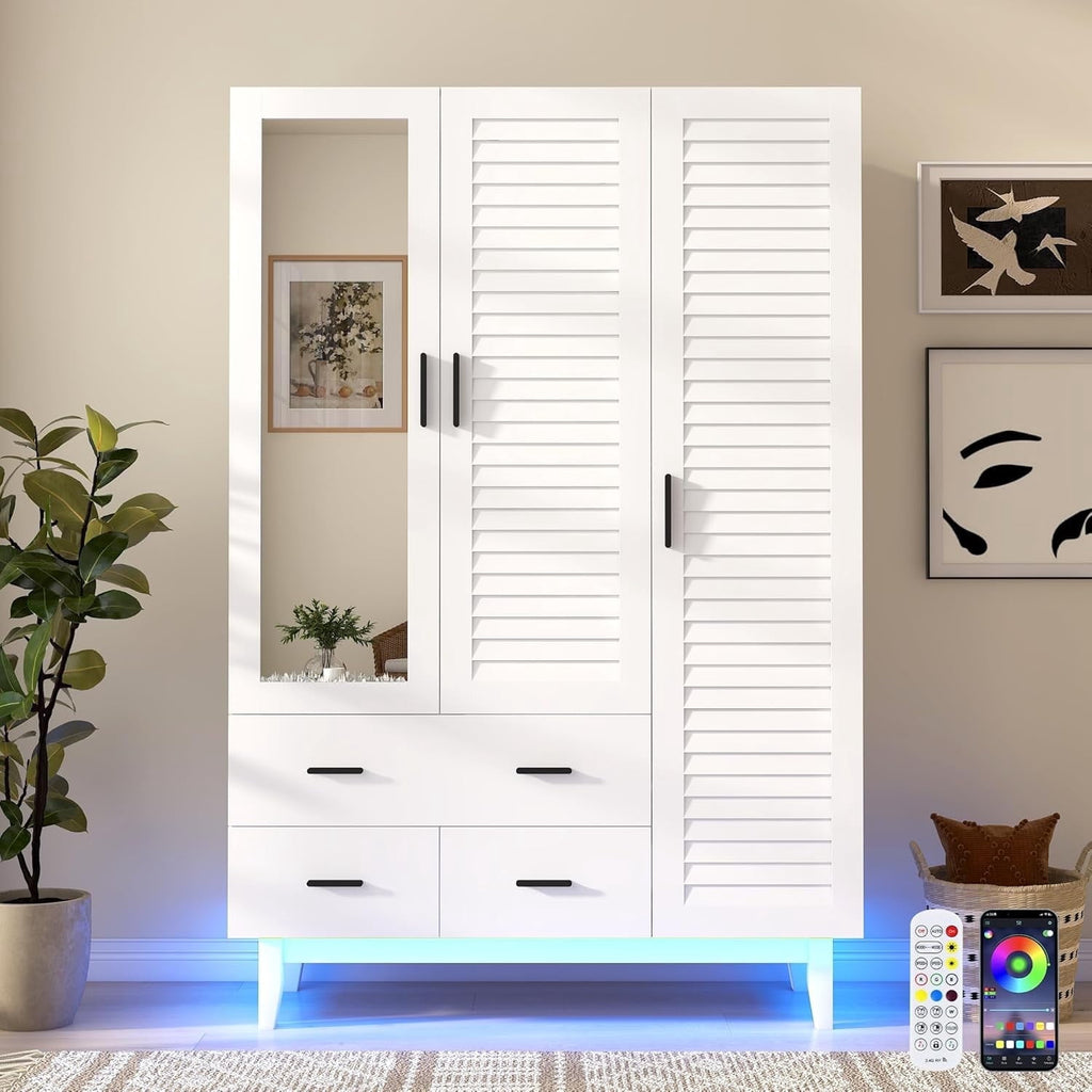 Blotout 70 Armoire Wardrobe Closet with Mirror & LED Lights, LED White Louver Door Wardrobe Armoire with 3 Drawers & Hanging Rods, Large 3 Doors Armoire Storage with Multi-Layer Shelves