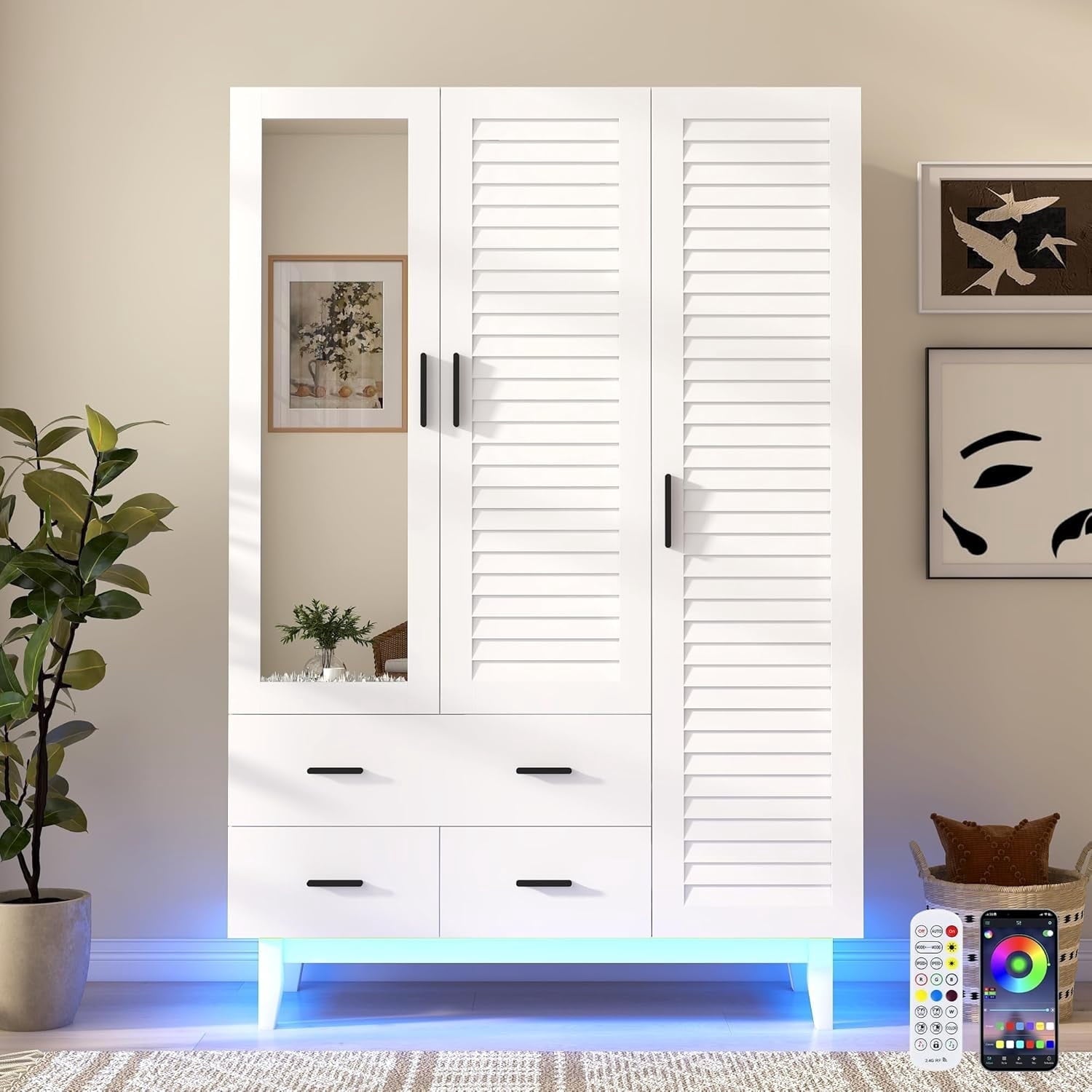 Blotout 70 Armoire Wardrobe Closet with Mirror & LED Lights, LED White Louver Door Wardrobe Armoire with 3 Drawers & Hanging Rods, Large 3 Doors Armoire Storage with Multi-Layer Shelves