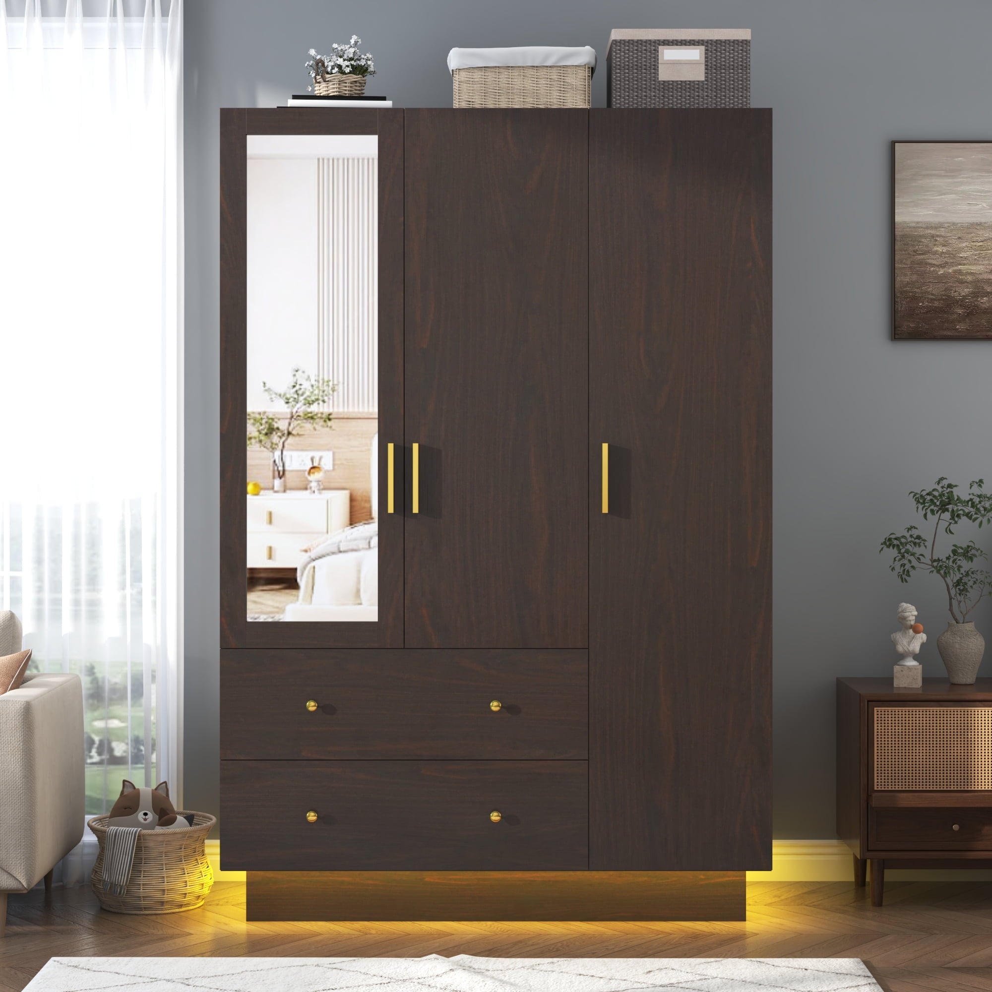Blotout 70 Armoire Wardrobe Closet with Mirror, LED Wardrobe Armoire with 2 Drawers, 3 Door Wood Armoire Storage with Hanging Rods and Multi-Layer Shelves