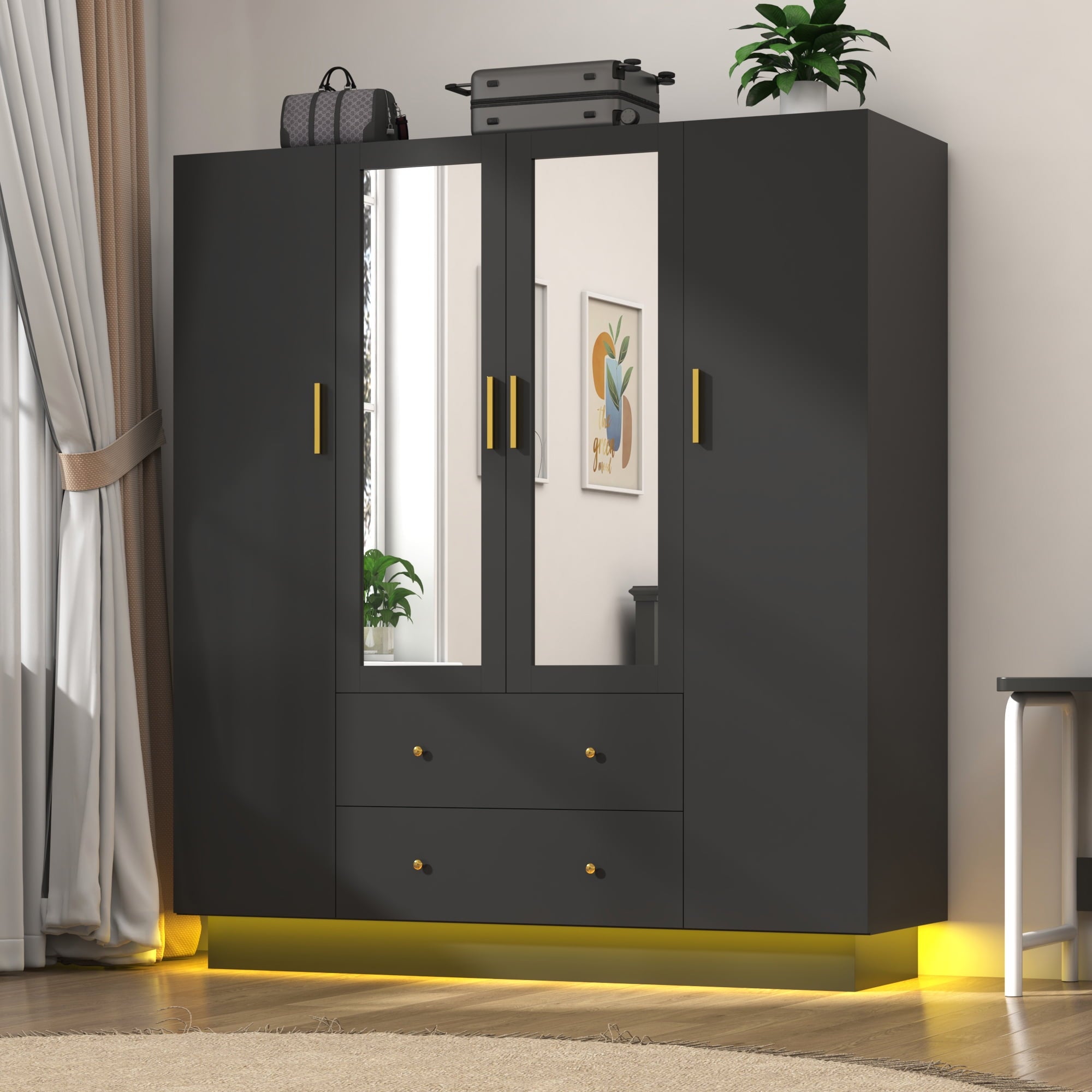 Blotout 70 Armoire Wardrobe Closet with Mirror, LED Wardrobe Armoire with 2 Drawers, 3 Door Wood Armoire Storage with Hanging Rods and Multi-Layer Shelves
