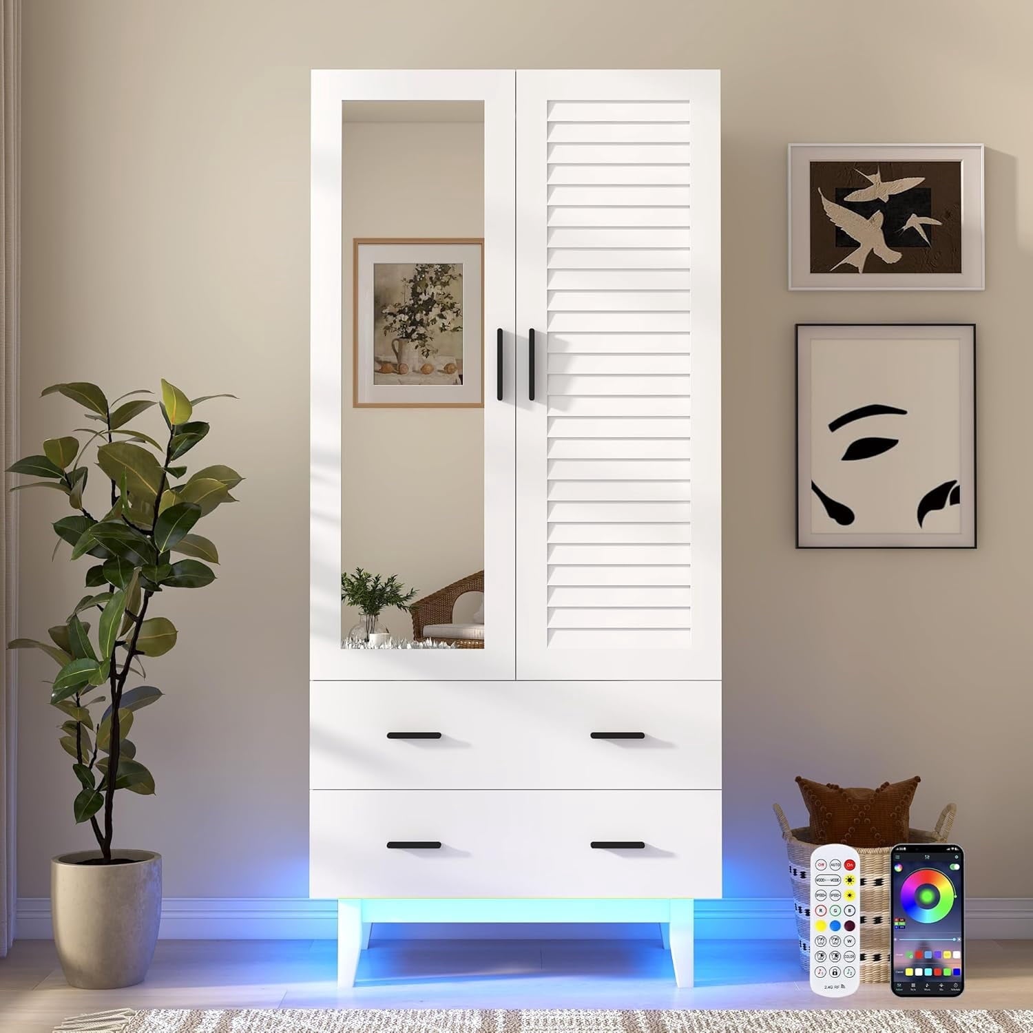 Blotout 70 Armoire Wardrobe Closet with Mirror & LED Lights, LED White Louver Door Wardrobe Armoire with 3 Drawers & Hanging Rods, Large 3 Doors Armoire Storage with Multi-Layer Shelves