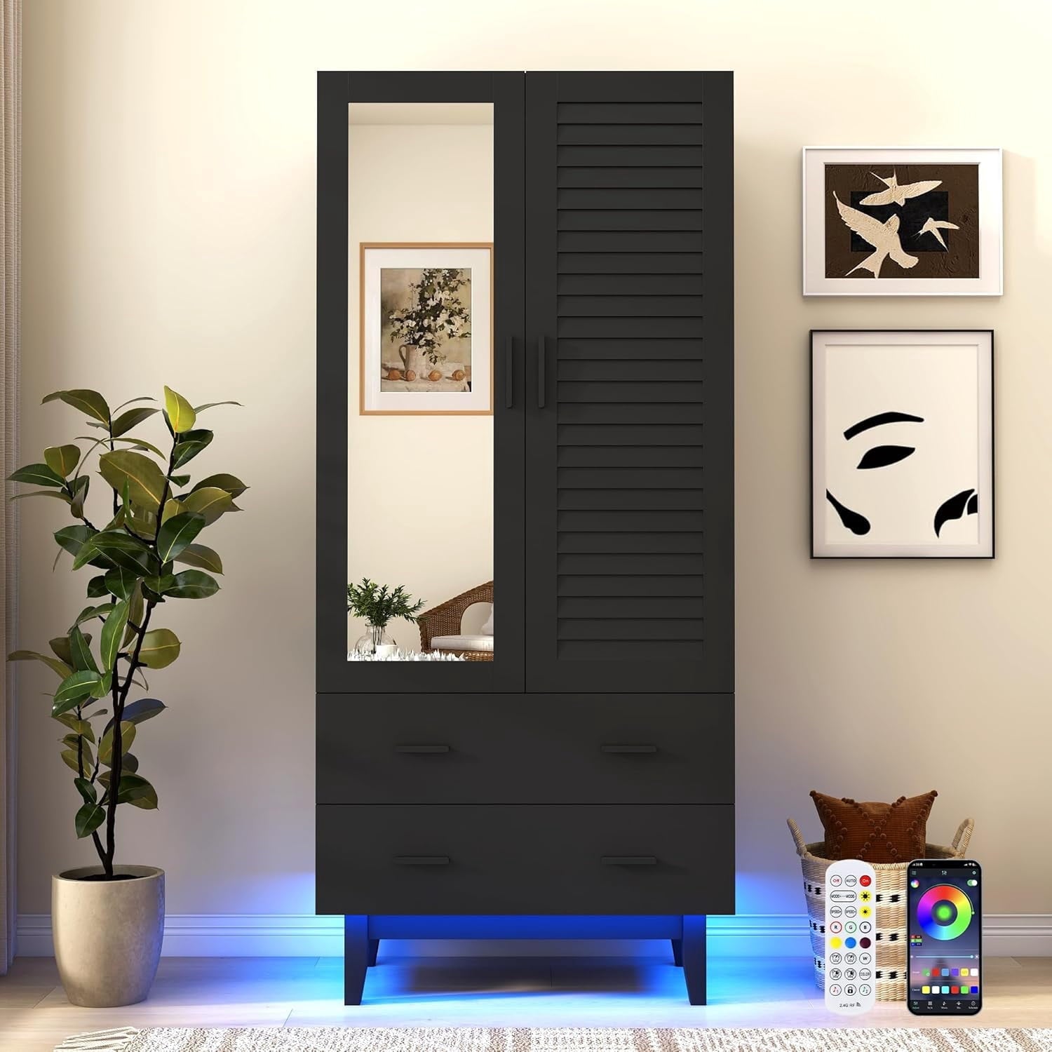 Blotout 70 Armoire Wardrobe Closet with Mirror & LED Lights, LED White Louver Door Wardrobe Armoire with 3 Drawers & Hanging Rods, Large 3 Doors Armoire Storage with Multi-Layer Shelves