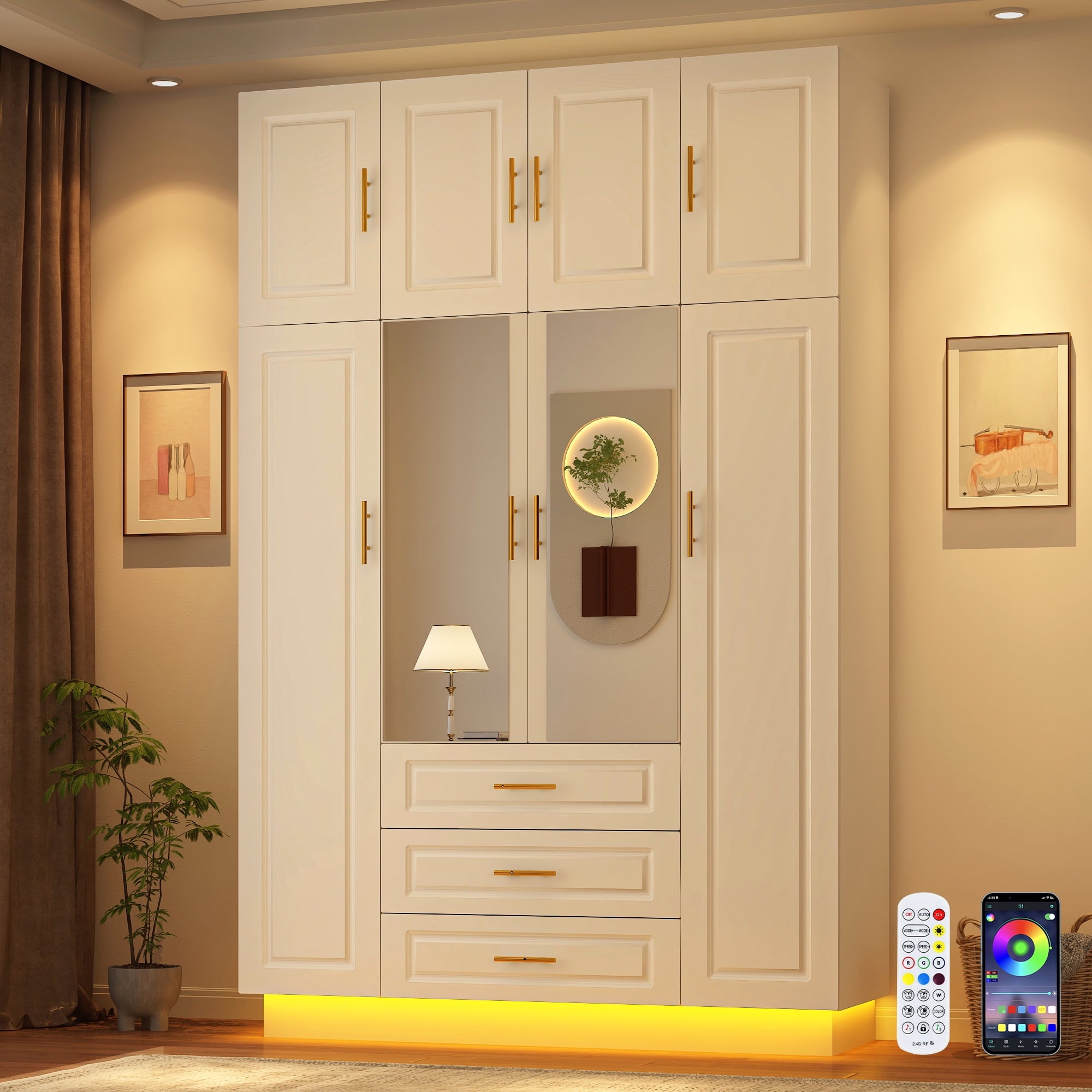 Blotout 94.5'' Armoire Wardrobe Closet with Top Cabinet and Mirror, Modern 3 Doors Adult Wood Closet Storage Cabinet with Hanging Rod & 3 Drawers & RGB LED 60,000 Color Lights/6 Storage Shelves