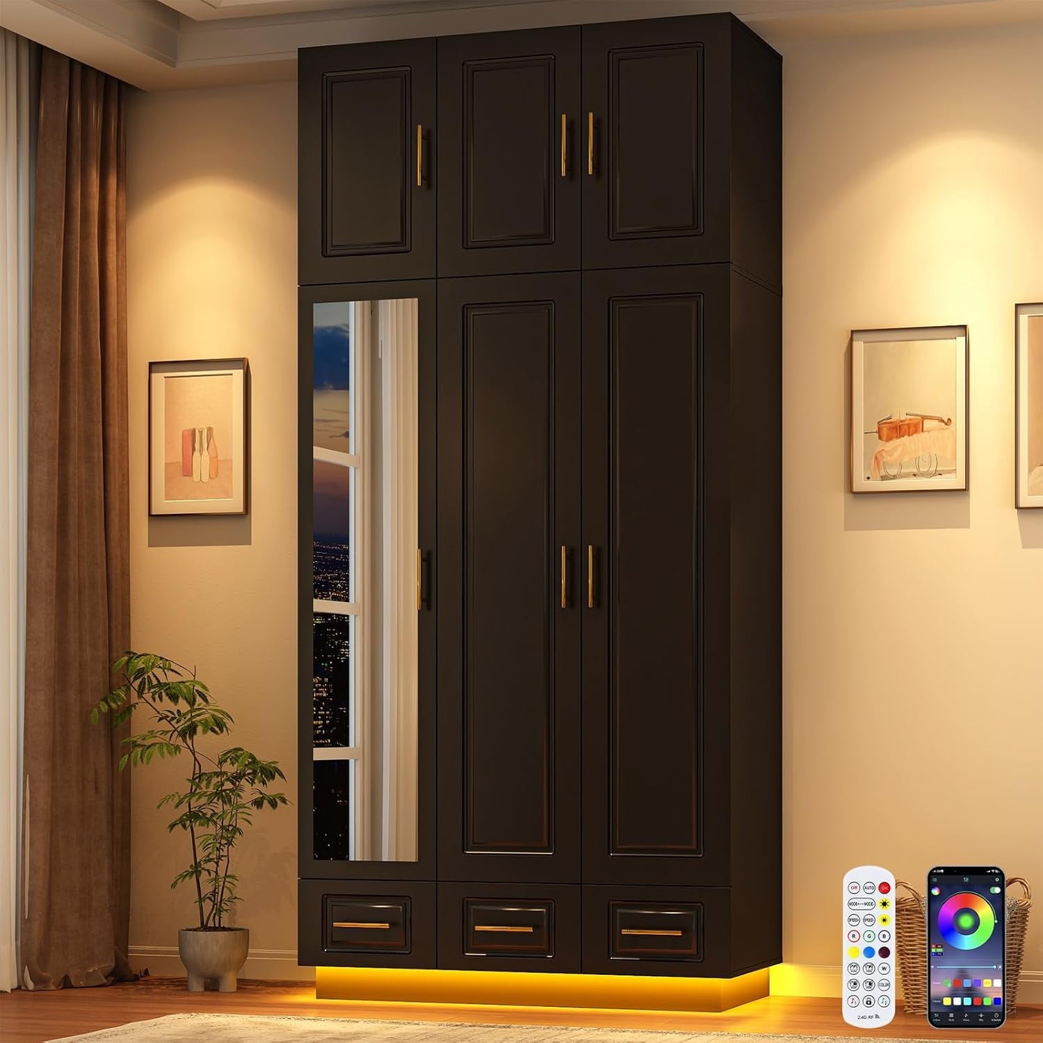 Blotout 94.5'' Armoire Wardrobe Closet with Top Cabinet and Mirror, Modern 3 Doors Adult Wood Closet Storage Cabinet with Hanging Rod & 3 Drawers & RGB LED 60,000 Color Lights/6 Storage Shelves