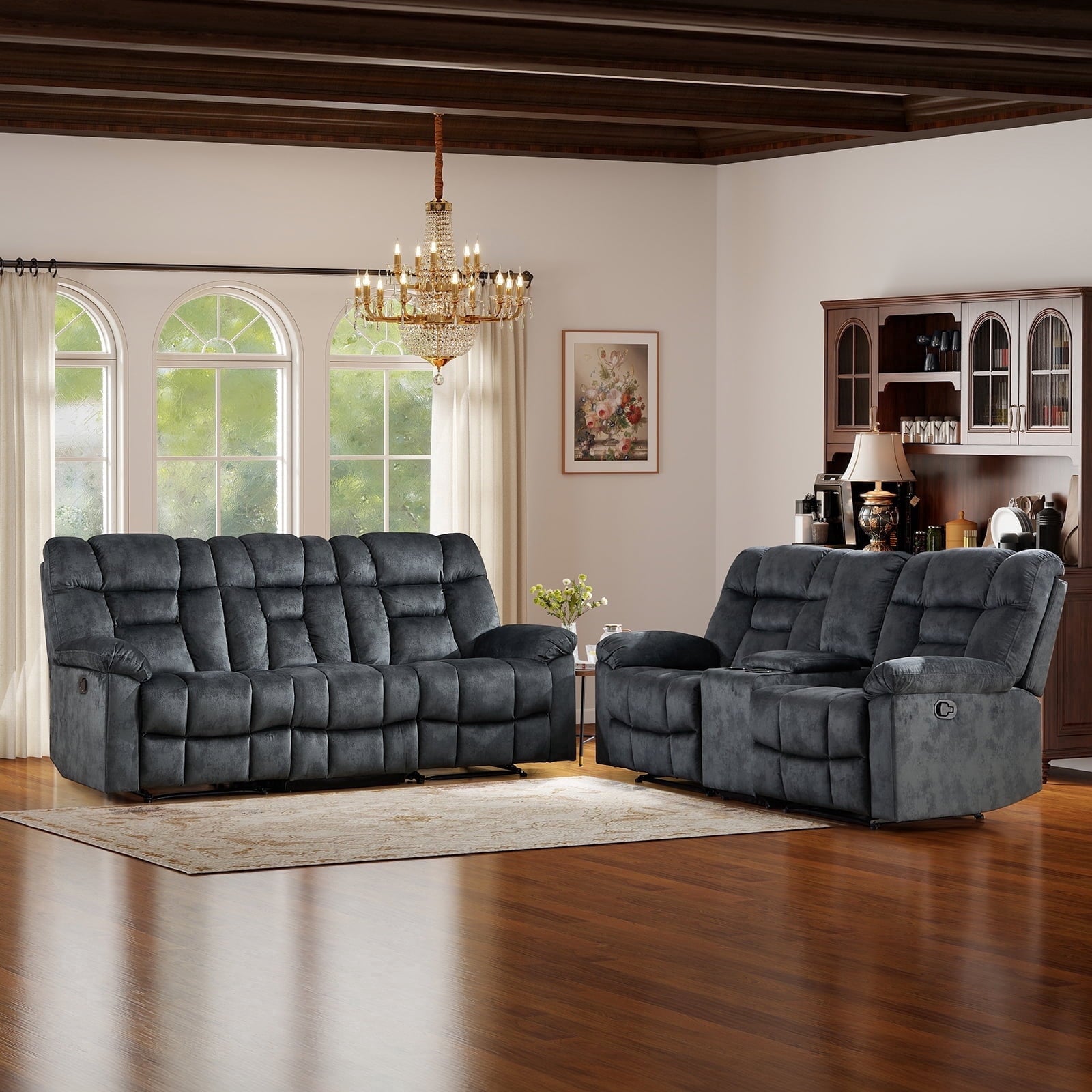 Bonzy Home Brown Manual Recliner Sofa Set with Single Seat, Loveseat, Hidden Storage and Cup Holders