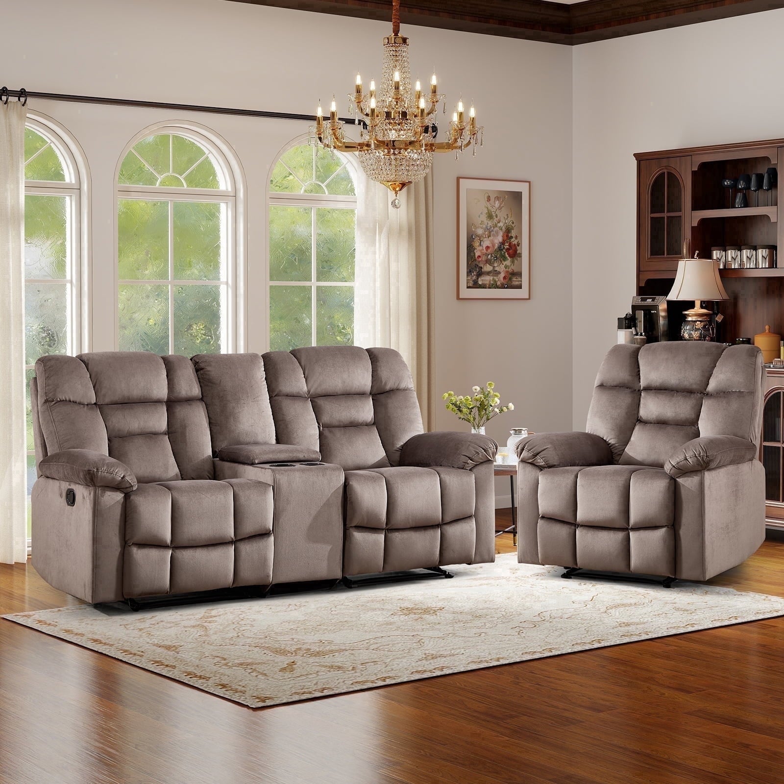 Bonzy Home Brown Manual Recliner Sofa Set with Single Seat, Loveseat, Hidden Storage and Cup Holders