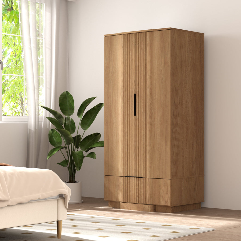 Brafabhome 67H Fluted Armoire Wardrobe Closet with Drawer, Wooden 2 Doors Wardrobe Cabinet with Hanging Rod & Adjustable Shelf for Bedroom | Nature