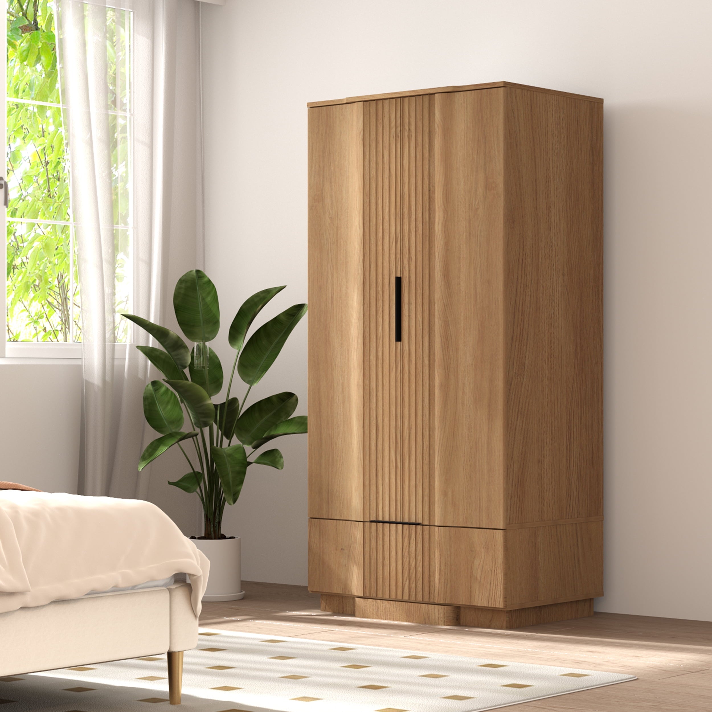 Brafabhome 67H Fluted Armoire Wardrobe Closet with Drawer, Wooden 2 Doors Wardrobe Cabinet with Hanging Rod & Adjustable Shelf for Bedroom | Nature