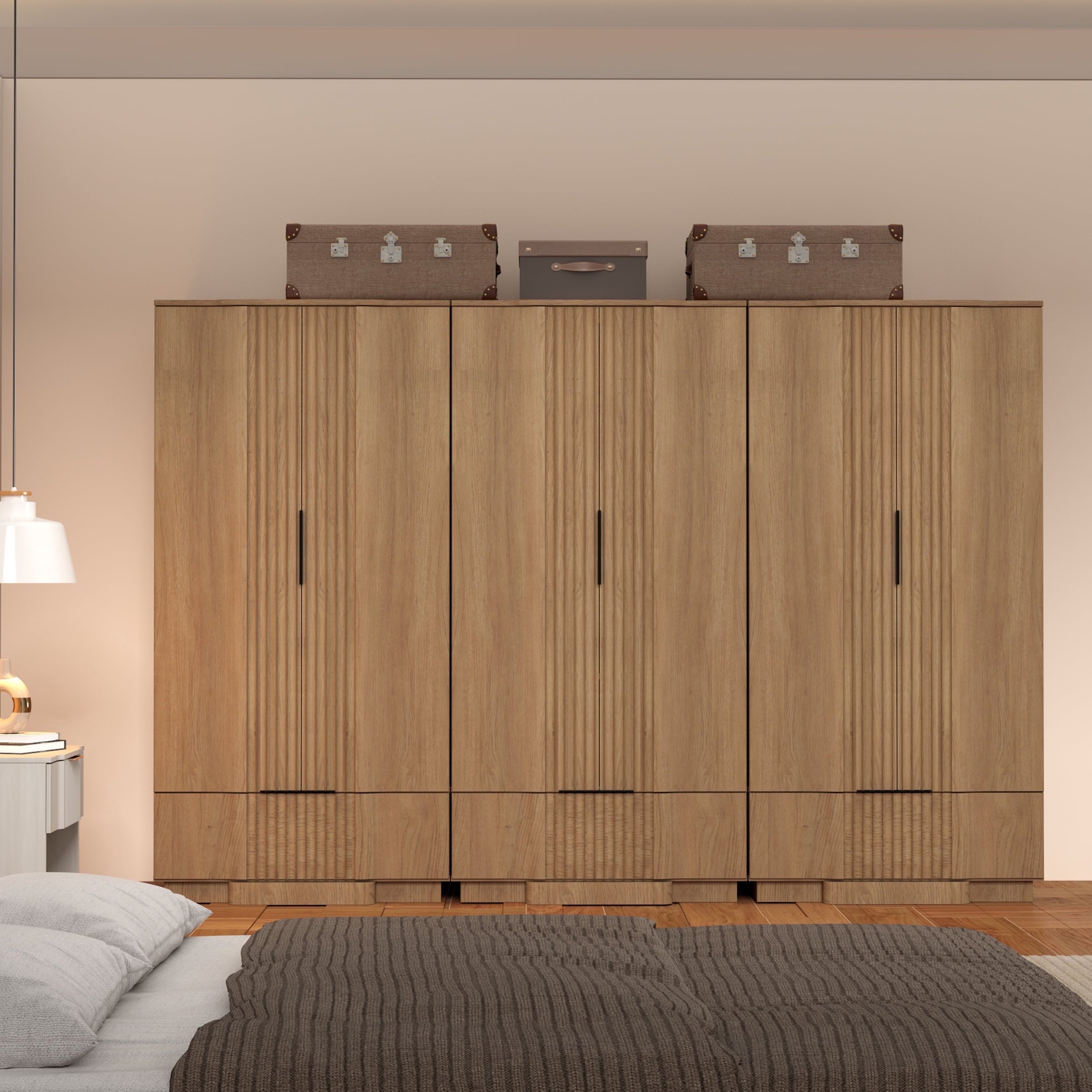 Brafabhome 67H Fluted Armoire Wardrobe Closet with Drawer, Wooden 2 Doors Wardrobe Cabinet with Hanging Rod & Adjustable Shelf for Bedroom | Whitewash
