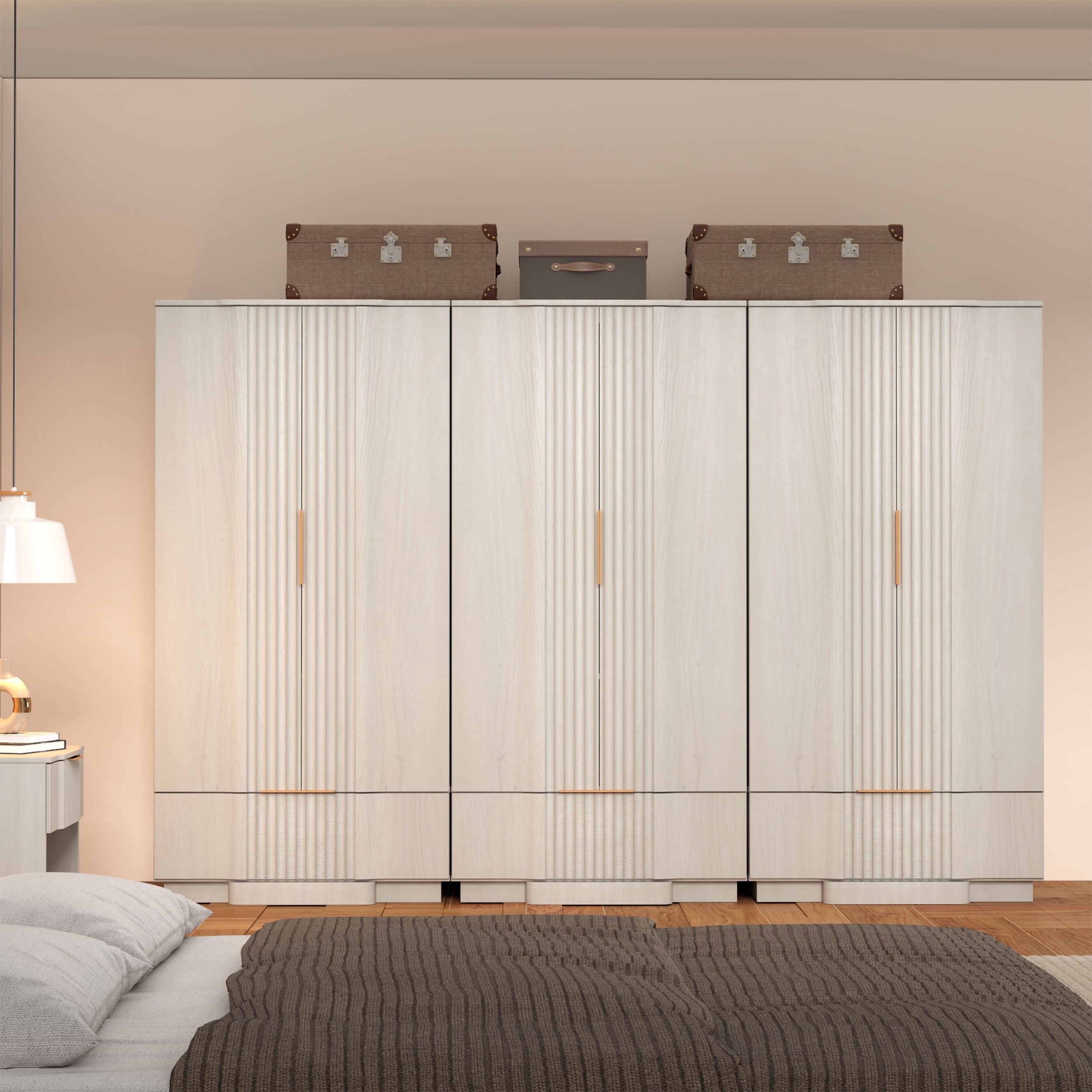 Brafabhome 67H Fluted Armoire Wardrobe Closet with Drawer, Wooden 2 Doors Wardrobe Cabinet with Hanging Rod & Adjustable Shelf for Bedroom | Nature