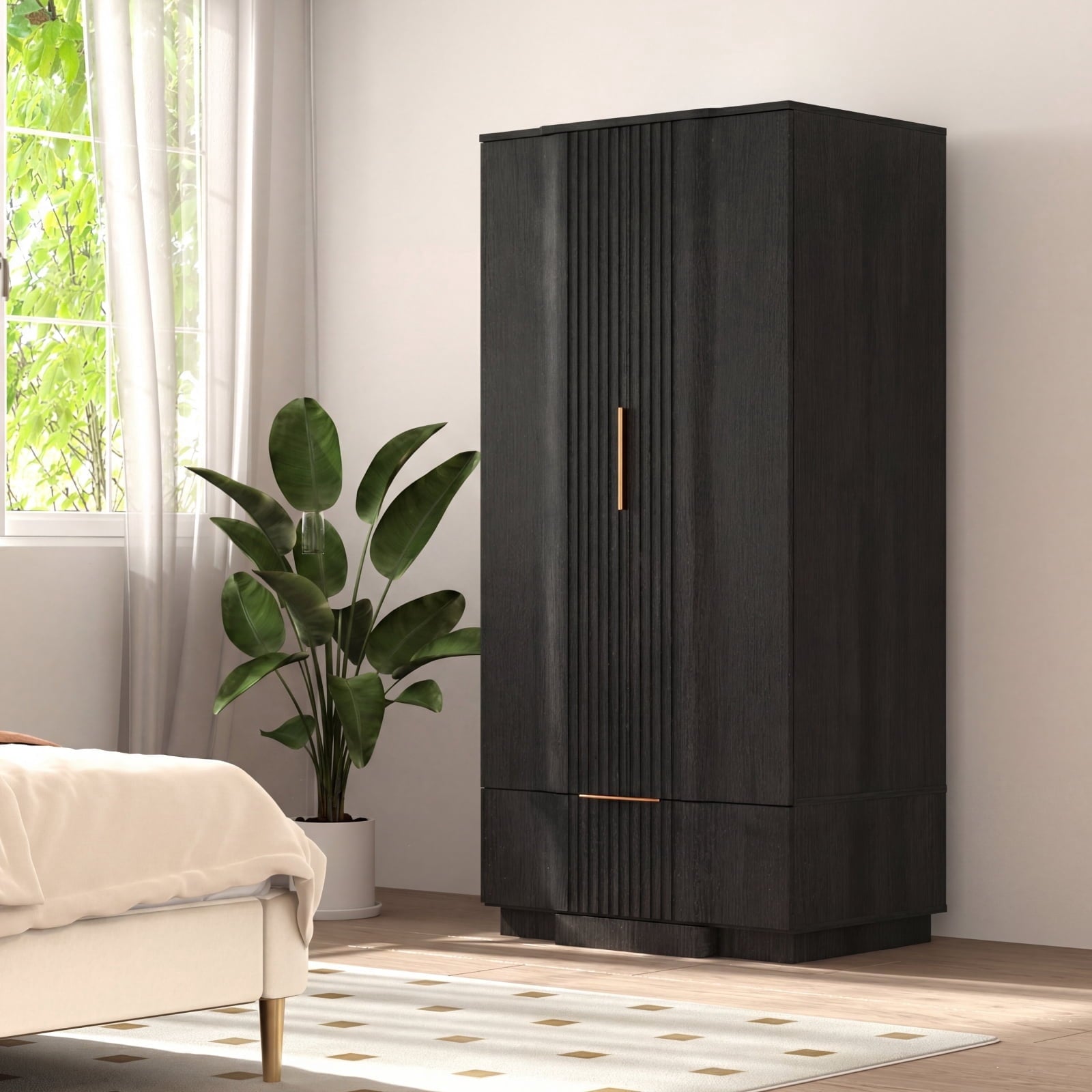 Brafabhome 67H Fluted Armoire Wardrobe Closet with Drawer, Wooden 2 Doors Wardrobe Cabinet with Hanging Rod & Adjustable Shelf for Bedroom | Nature