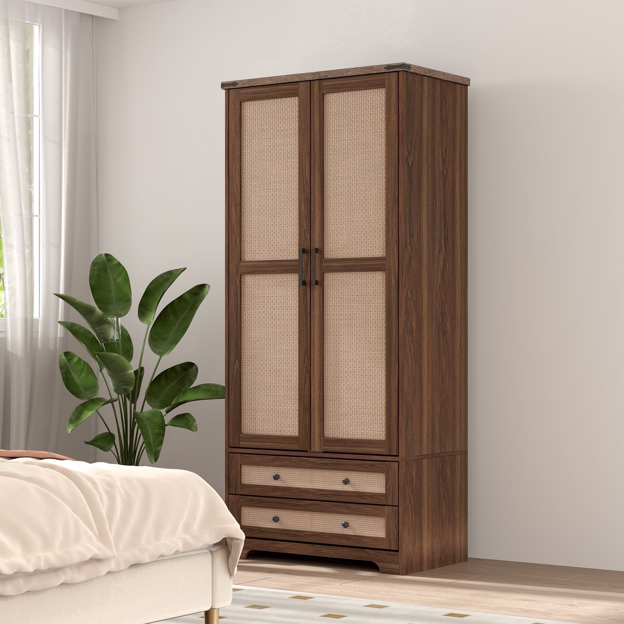 Brafabhome 71H Armoire Wardrobe Closet with 2 Drawers, Farmhouse 2 Doors Armoire Cabinet with Hanging Rod, Modern Freestanding Wardrobe Clothes Cabinet for Bedroom | Gray