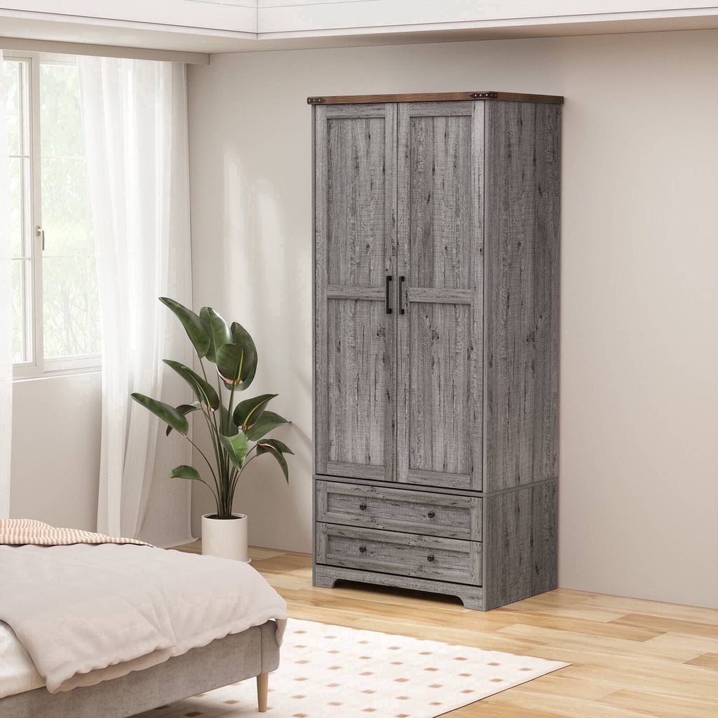Brafabhome 71H Armoire Wardrobe Closet with 2 Drawers, Farmhouse 2 Doors Armoire Cabinet with Hanging Rod, Modern Freestanding Wardrobe Clothes Cabinet for Bedroom | Gray