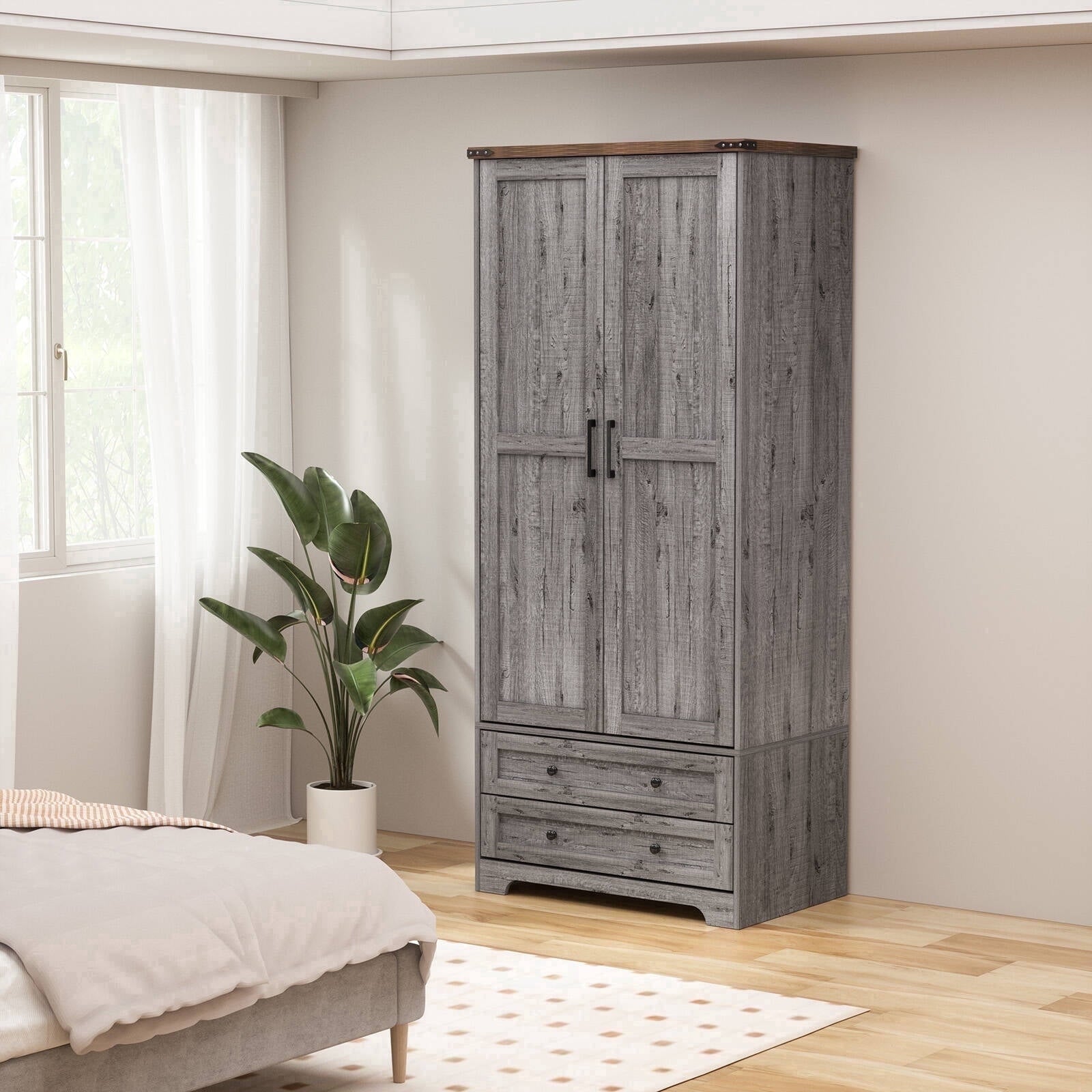 Brafabhome 71H Armoire Wardrobe Closet with 2 Drawers, Farmhouse 2 Doors Armoire Cabinet with Hanging Rod, Modern Freestanding Wardrobe Clothes Cabinet for Bedroom | Gray