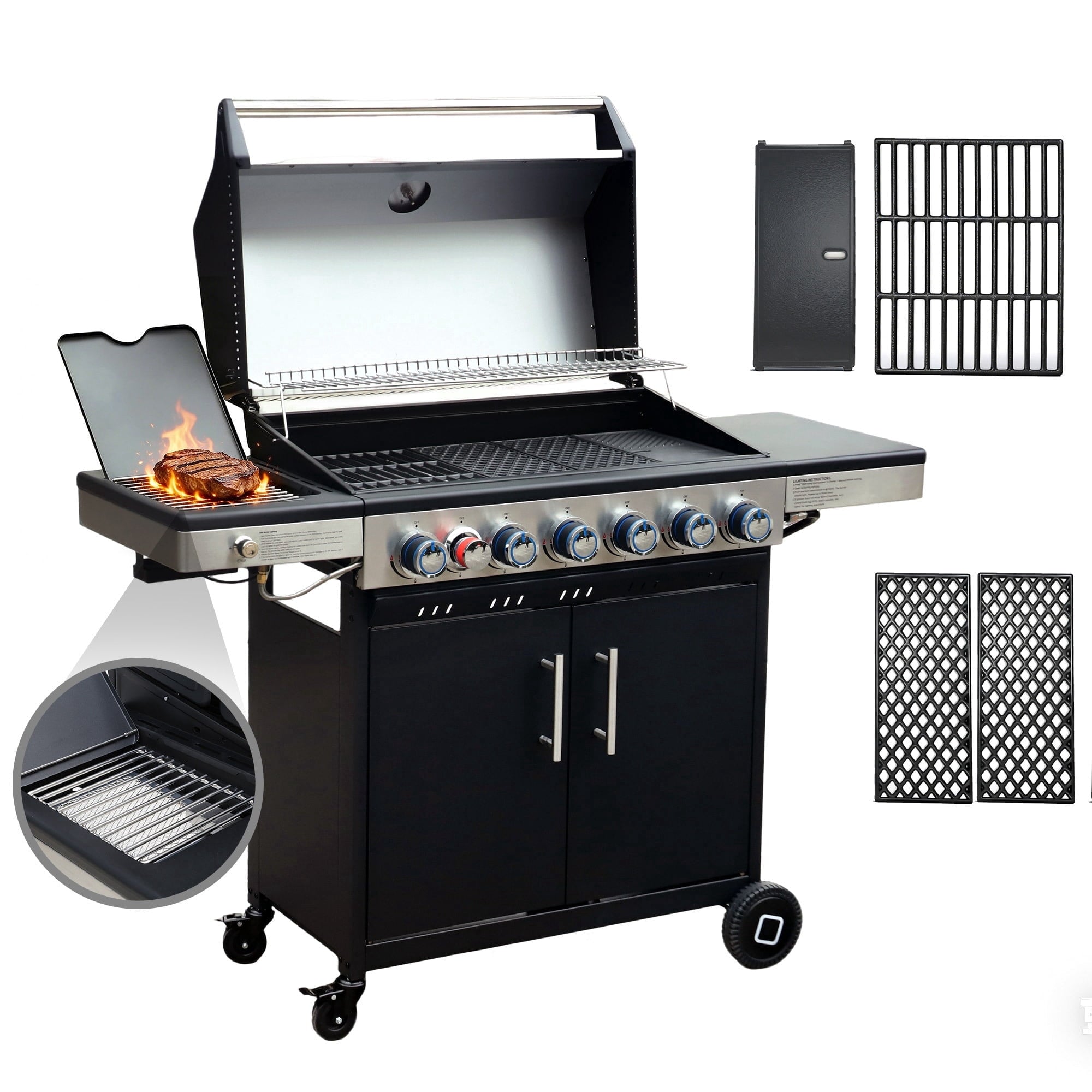 Brand-Man Grills 4-Burner Propane Gas Grill with Infrared Side Burner, Porcelain-Enameled Cast Iron Grate & Griddle, Outdoor Backyard BBQ Grill