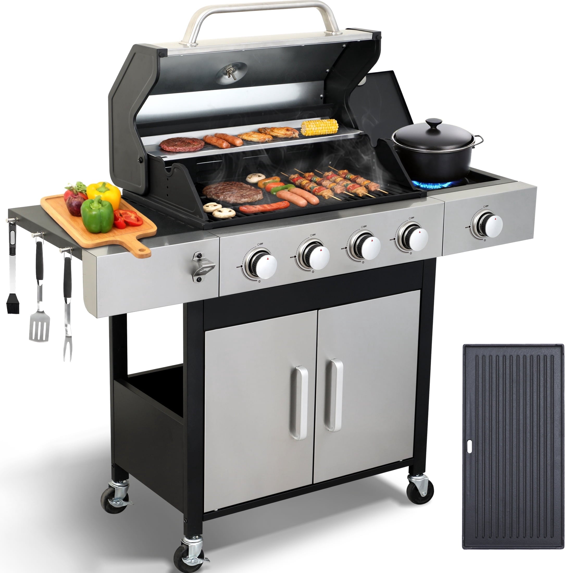CIG GARDEN 4-Burner Propane Gas Grill and Griddle Combo with Side Burner, Cast Iron Grates, and Double-Wall Insulated Lid