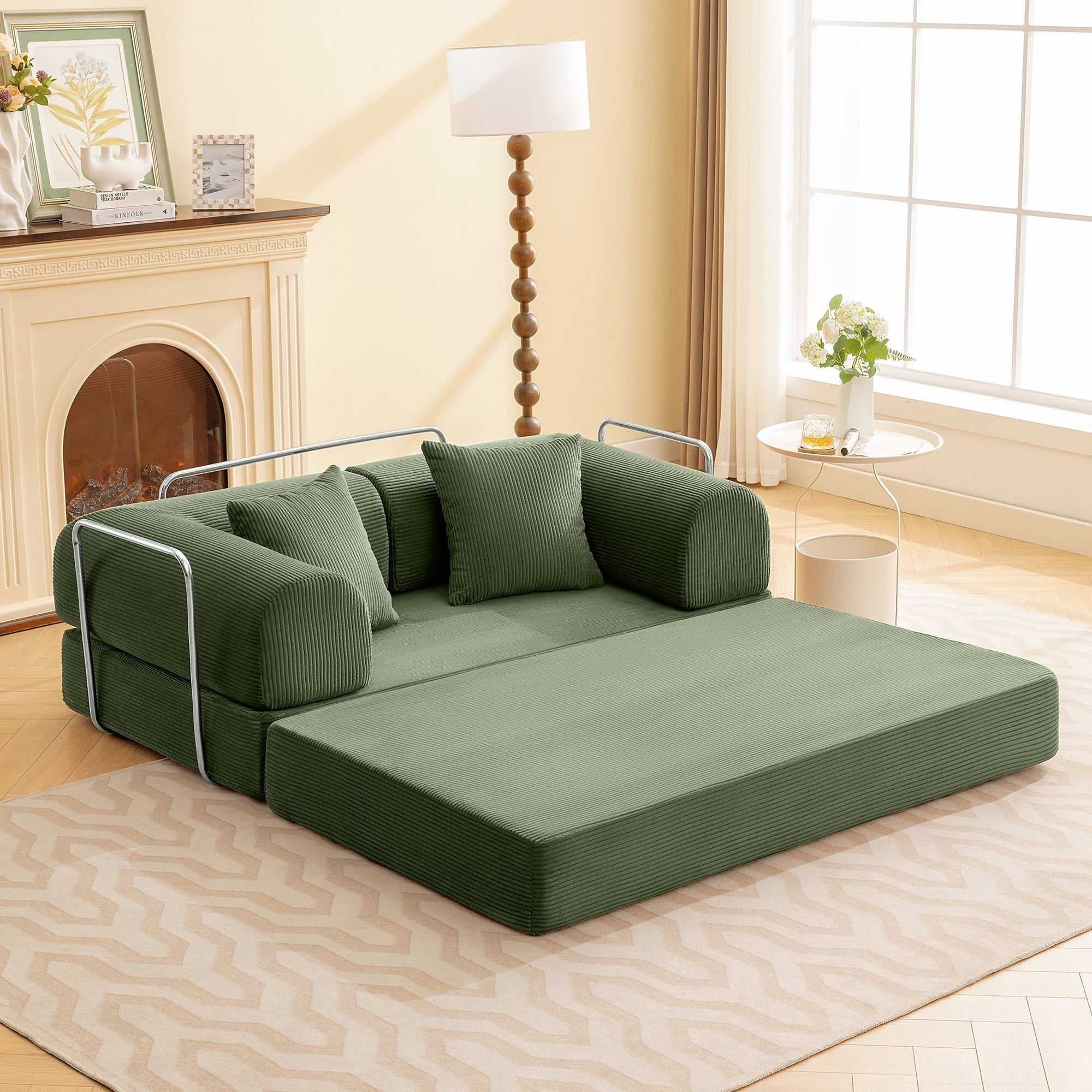 COOLHUT 63 W Combination Sofa, High Rebound Density Foam Sofa Couch, Two Forms Floor Couch Three Seats Sofa Bed for Living Room, Bedroom, Green