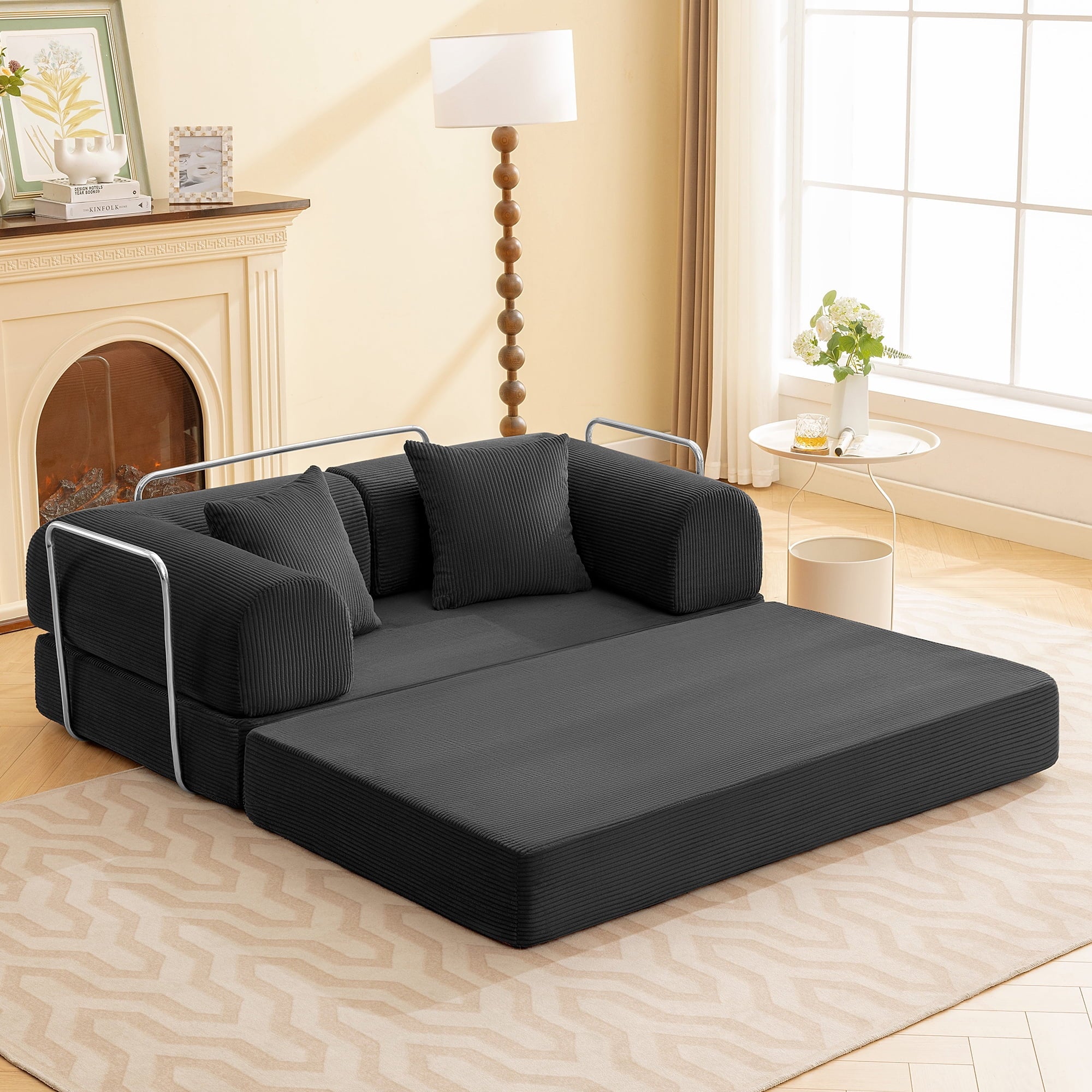 COOLHUT 63 W Combination Sofa, High Rebound Density Foam Sofa Couch, Two Forms Floor Couch Three Seats Sofa Bed for Living Room, Bedroom, Green