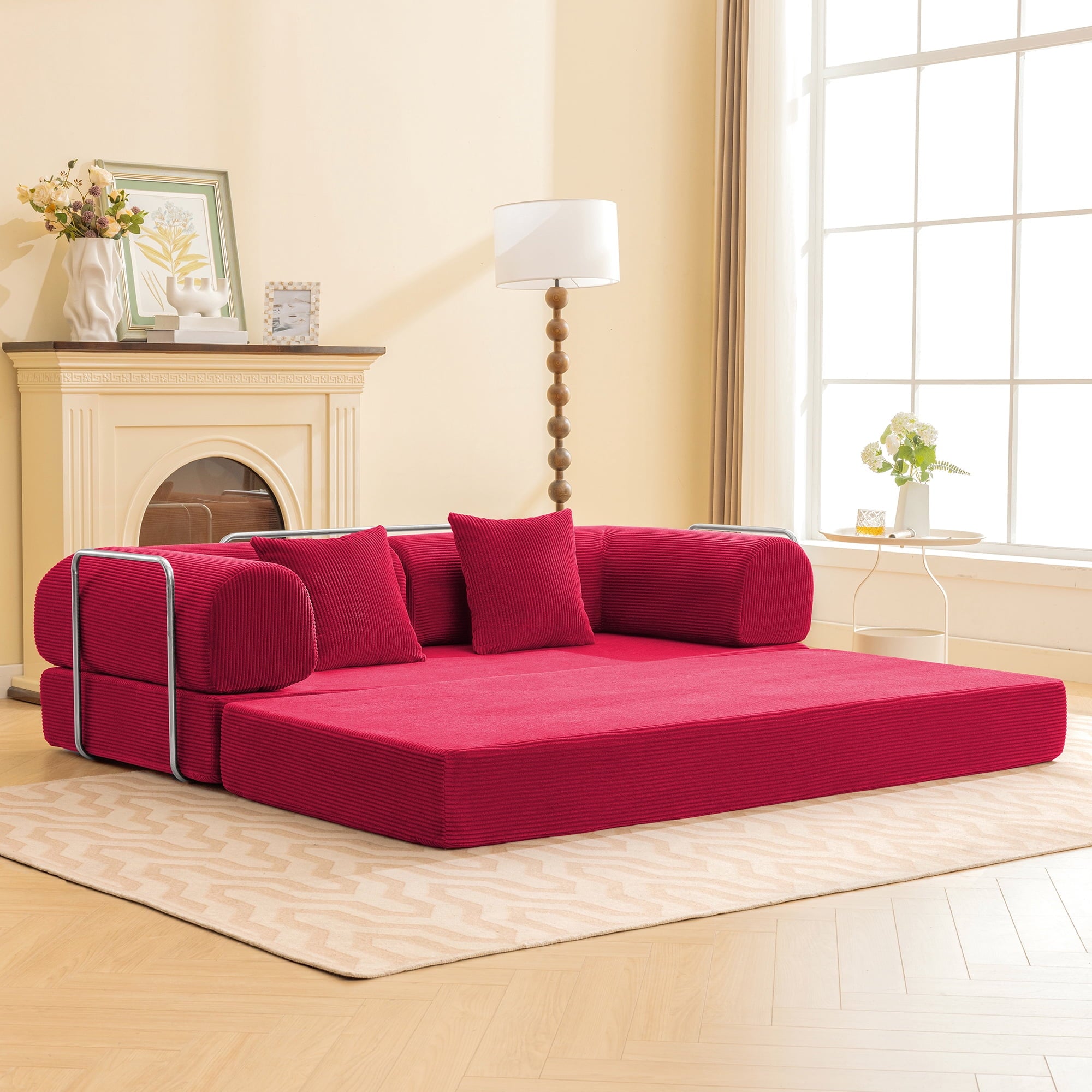 COOLHUT 63 W Combination Sofa, High Rebound Density Foam Sofa Couch, Two Forms Floor Couch Three Seats Sofa Bed for Living Room, Bedroom, Green