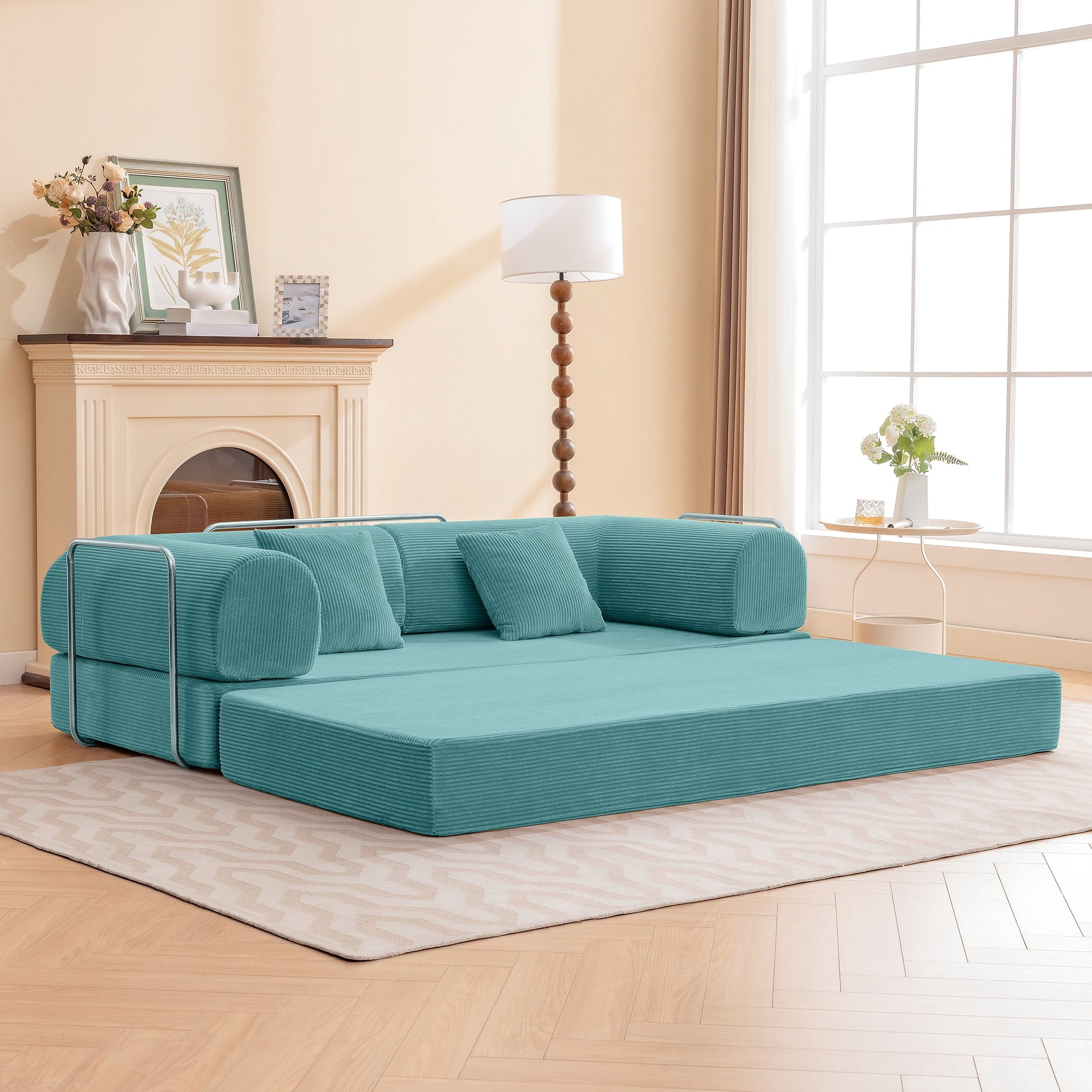 COOLHUT 63 W Combination Sofa, High Rebound Density Foam Sofa Couch, Two Forms Floor Couch Three Seats Sofa Bed for Living Room, Bedroom, Green