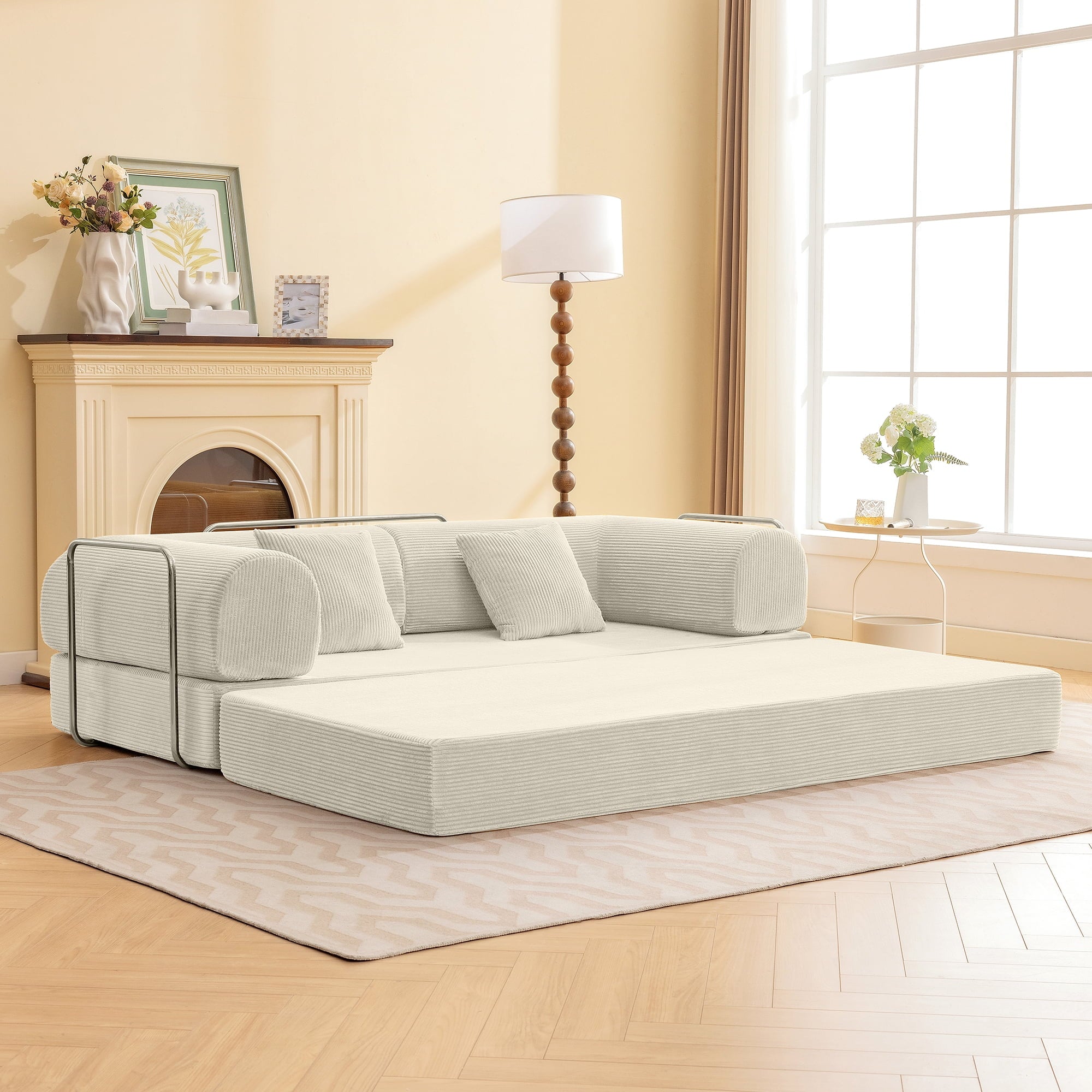 COOLHUT 63 W Combination Sofa, High Rebound Density Foam Sofa Couch, Two Forms Floor Couch Three Seats Sofa Bed for Living Room, Bedroom, Green