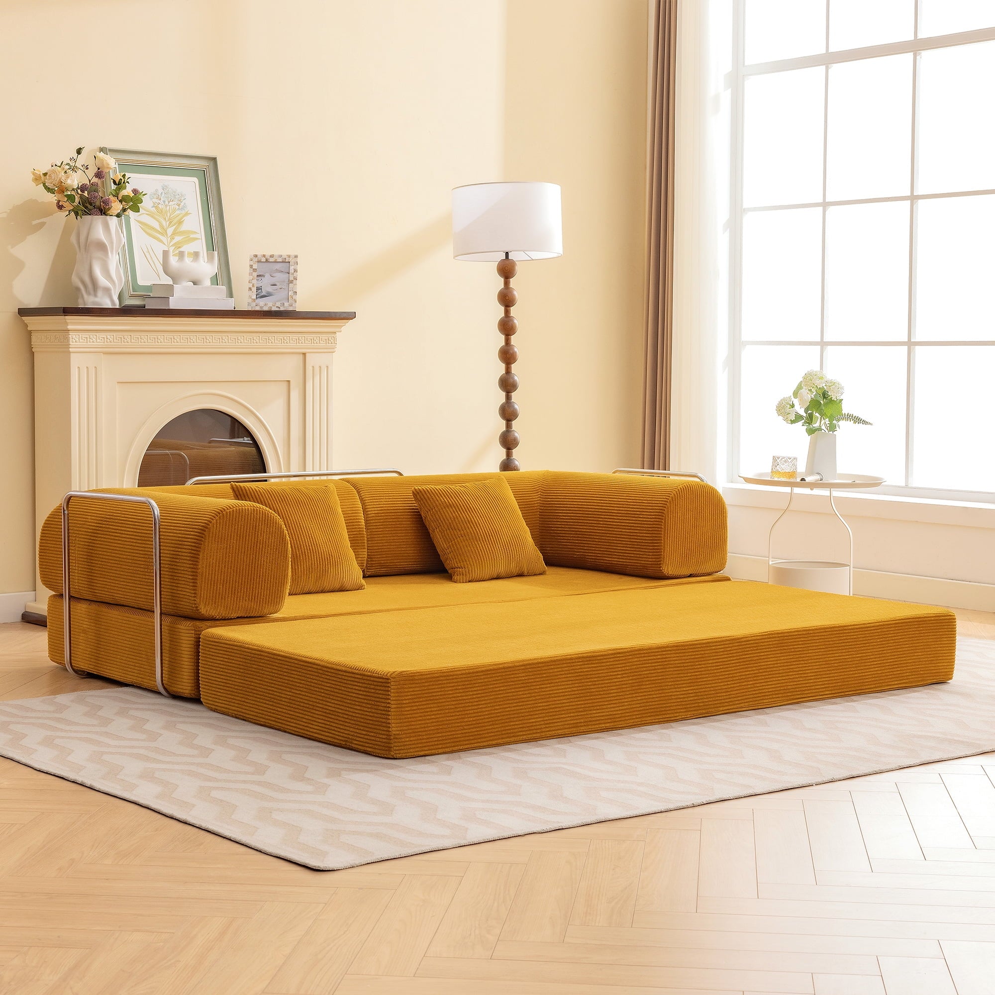 COOLHUT 63 W Combination Sofa, High Rebound Density Foam Sofa Couch, Two Forms Floor Couch Three Seats Sofa Bed for Living Room, Bedroom, Green