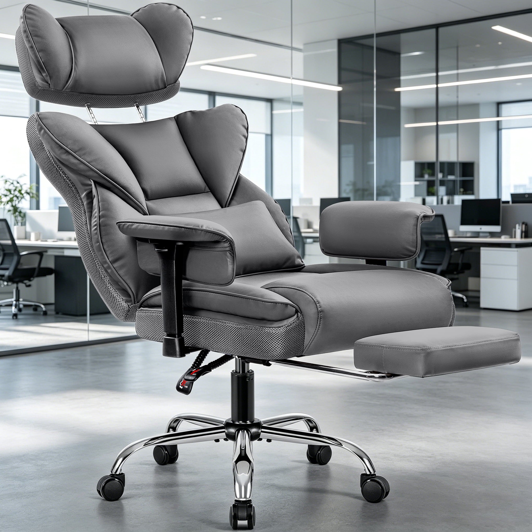 COOLHUT Big and Tall PU Leather Office Chair with Adjustable Headrest & Footrest, Executive Computer Desk Chair with 3D Adjustable Padded Armrest, Ergonomic Office Chair with Lumbar Support, Black