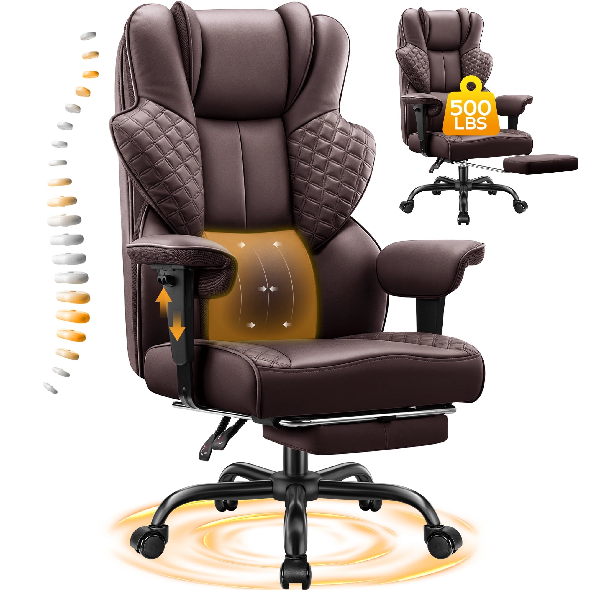 COOLHUT Big and Tall Office Chair 500lbs, Heavy Duty Ergonomic Office Desk Chair with Deluxe Embossing PU Leather with Footrest, Executive Gaming Chair with Lumbar Support, Brown