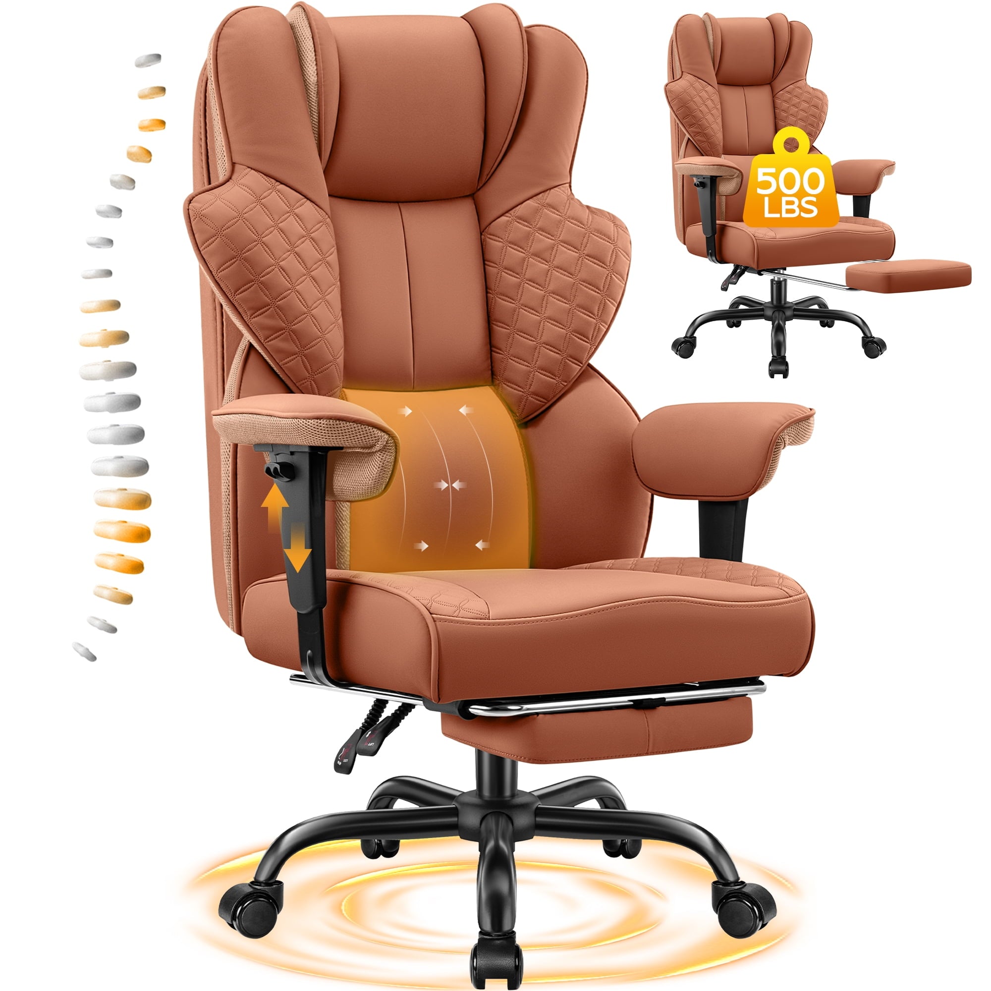 COOLHUT Big and Tall Office Chair 500lbs, Heavy Duty Ergonomic Office Desk Chair with Deluxe Embossing PU Leather with Footrest, Executive Gaming Chair with Lumbar Support, Brown