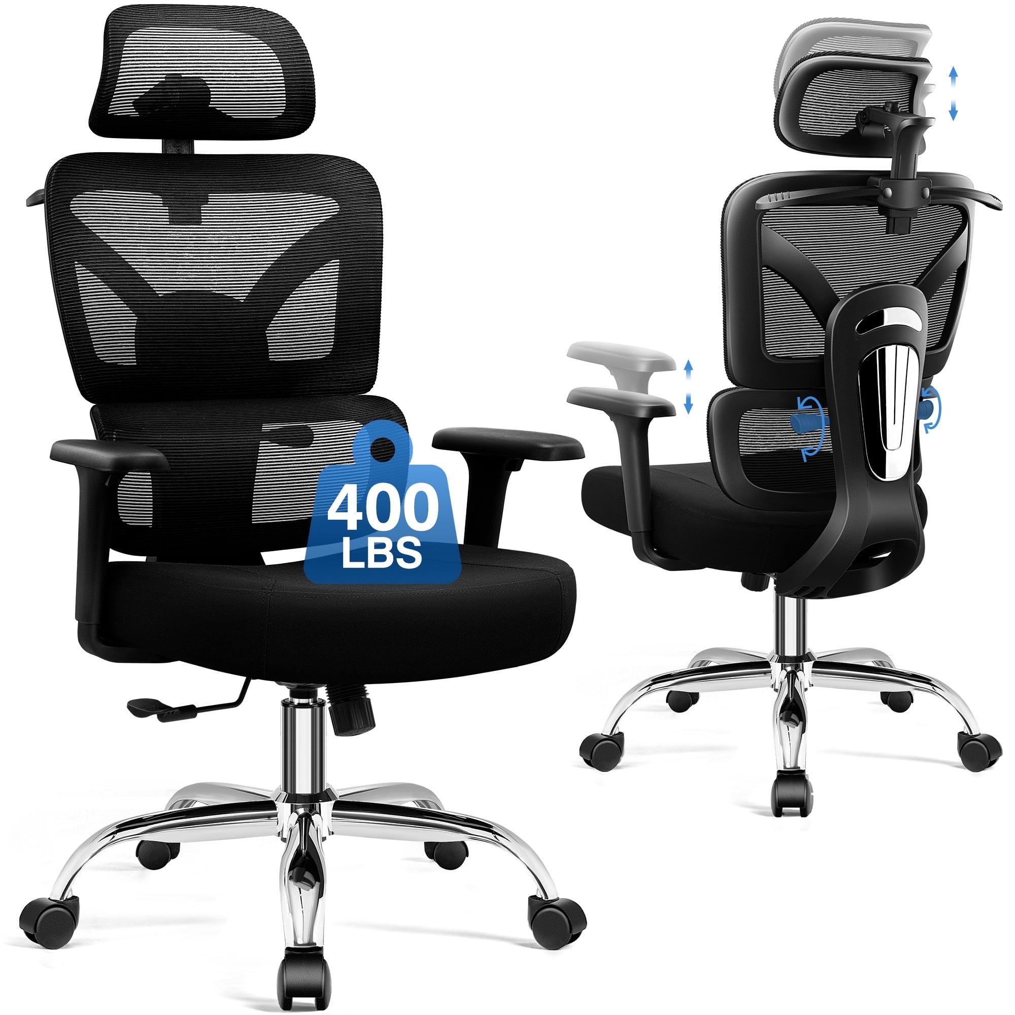COOLHUT Ergonomic Mesh Office Chair with Footrest, Big and Tall Computer Desk Chair with Adjustable Lumbar Support, Headrest and Armrest, High Back Home Office Chair for Workspace, 300LBS, Black