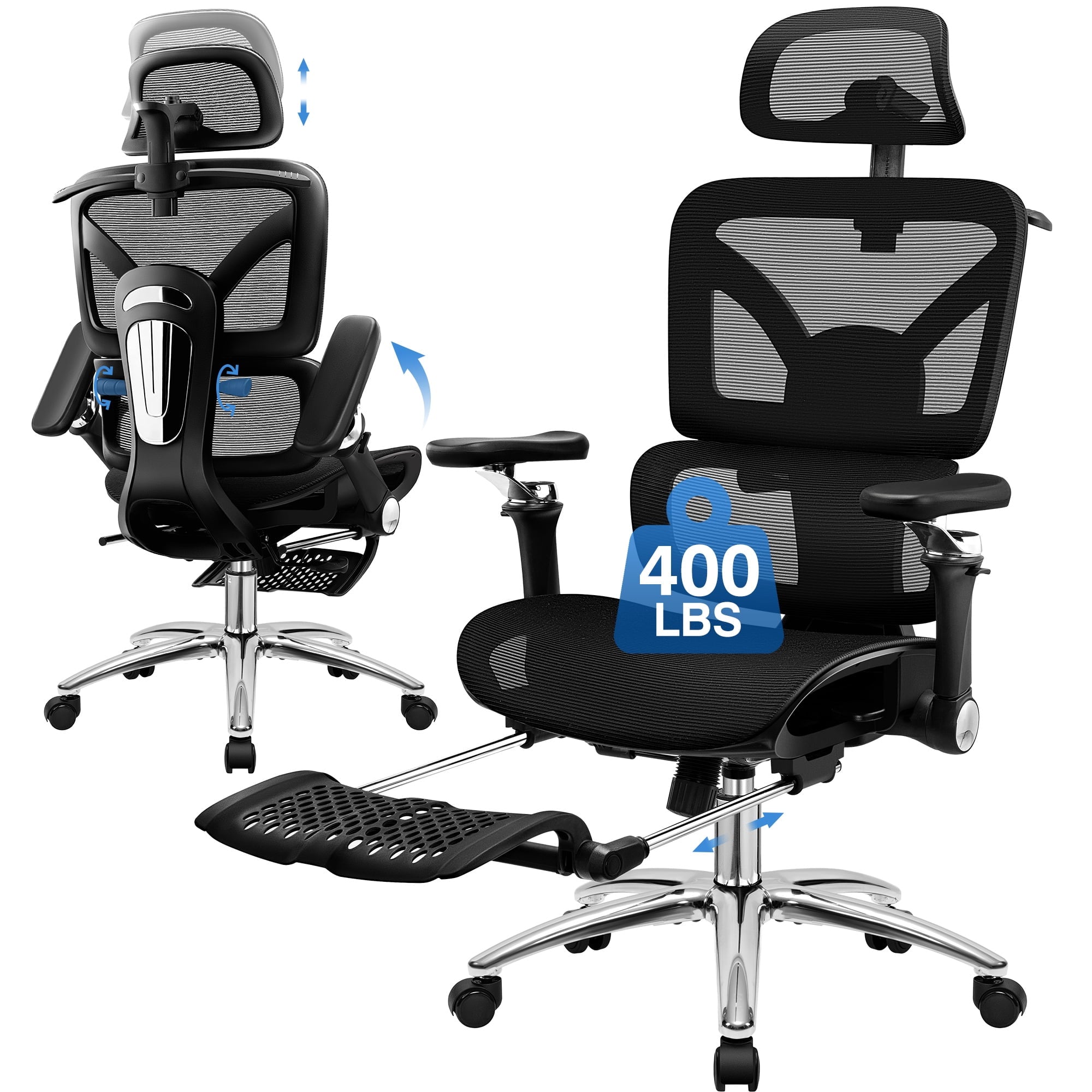 COOLHUT Ergonomic Mesh Office Chair with Footrest, Big and Tall Computer Desk Chair with Adjustable Lumbar Support, Headrest and Armrest, High Back Home Office Chair for Workspace, 300LBS, Black