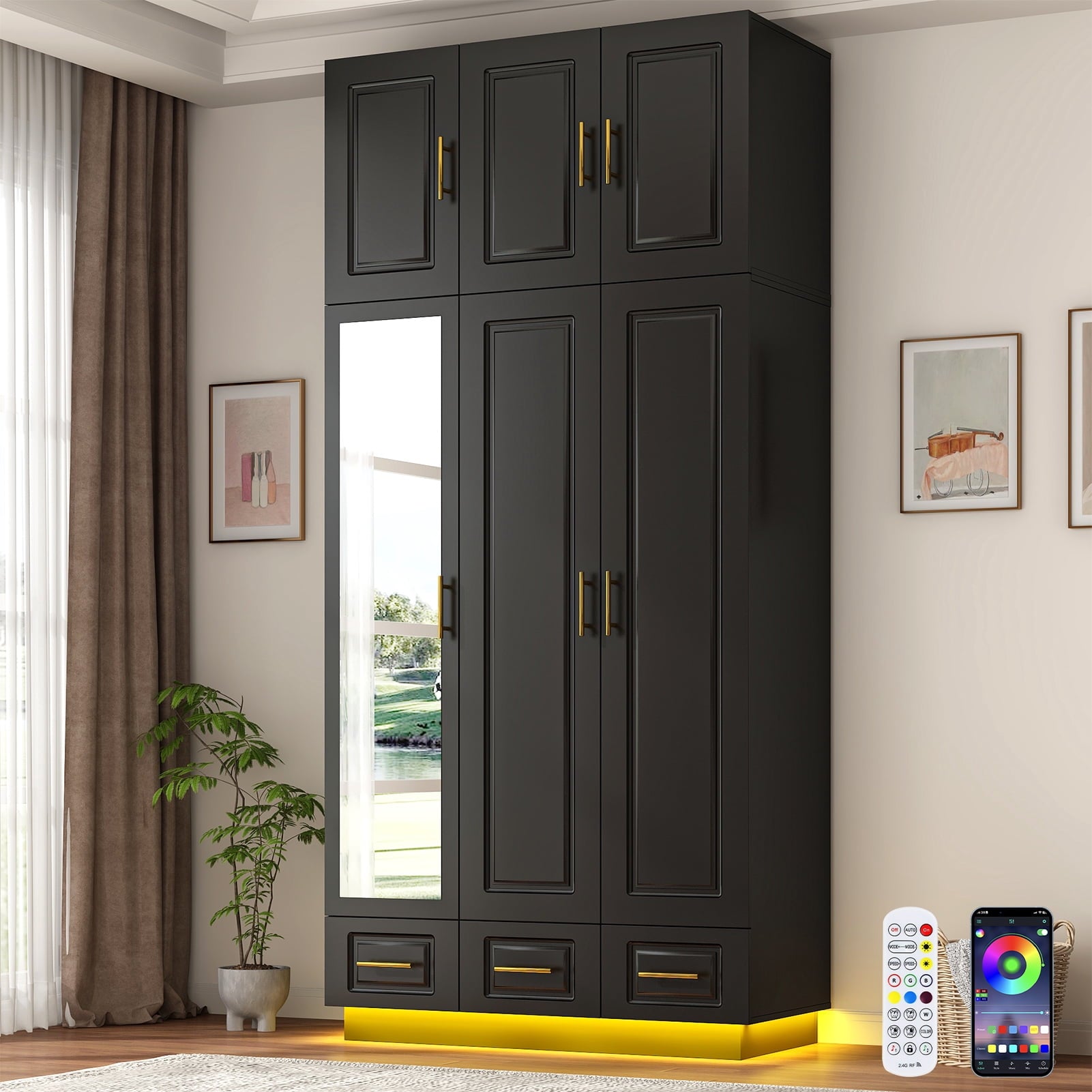 ChVans 3 Door Armoire Wardrobe Closet with Top Cabinet and Mirror, 94.5'' LED Wardrobe Armoire with 3 Drawers, Hanging Rod & Multi-Layer Shelves for Bedroom, Black
