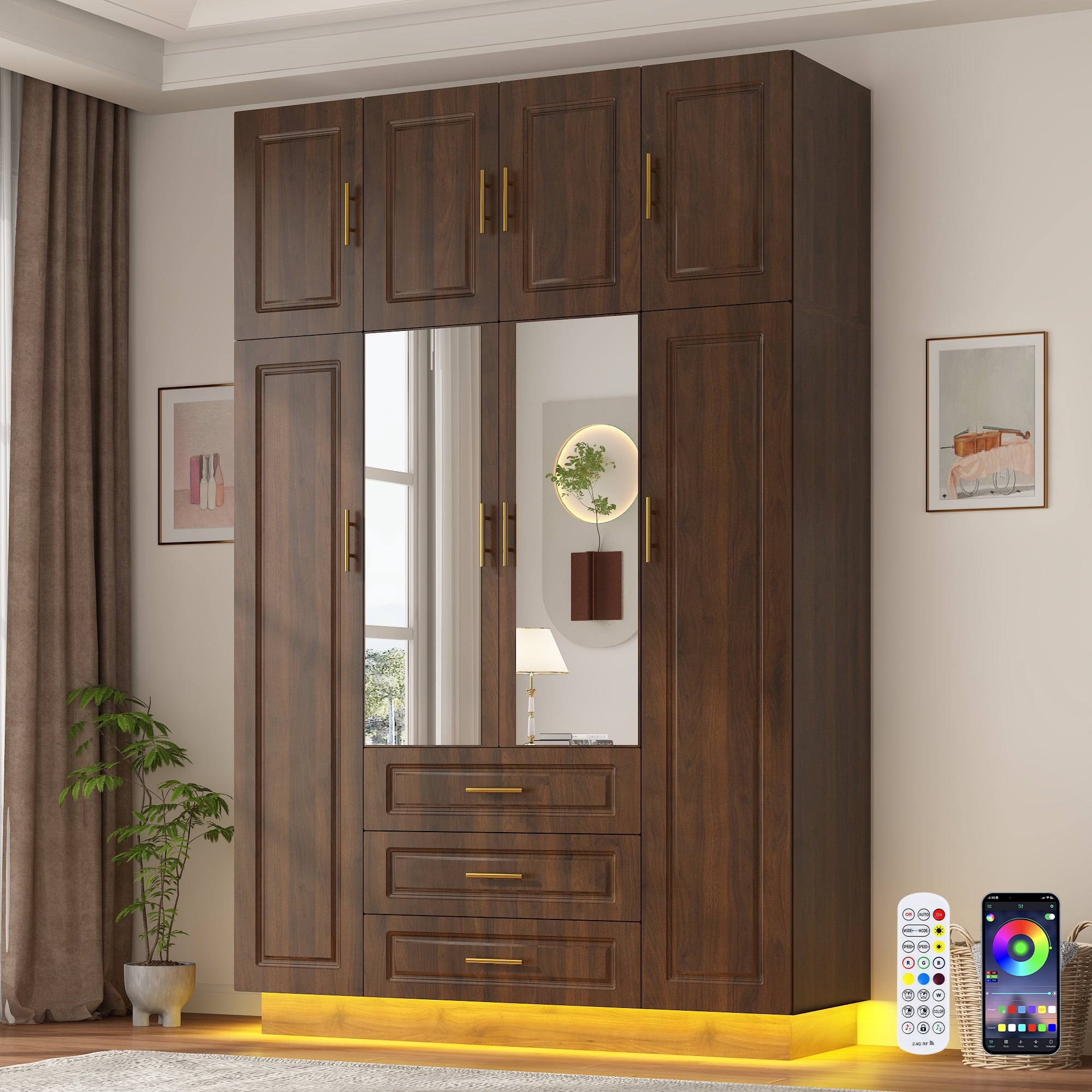 ChVans 3 Door Armoire Wardrobe Closet with Top Cabinet and Mirror, 94.5'' LED Wardrobe Armoire with 3 Drawers, Hanging Rod & Multi-Layer Shelves for Bedroom, Black
