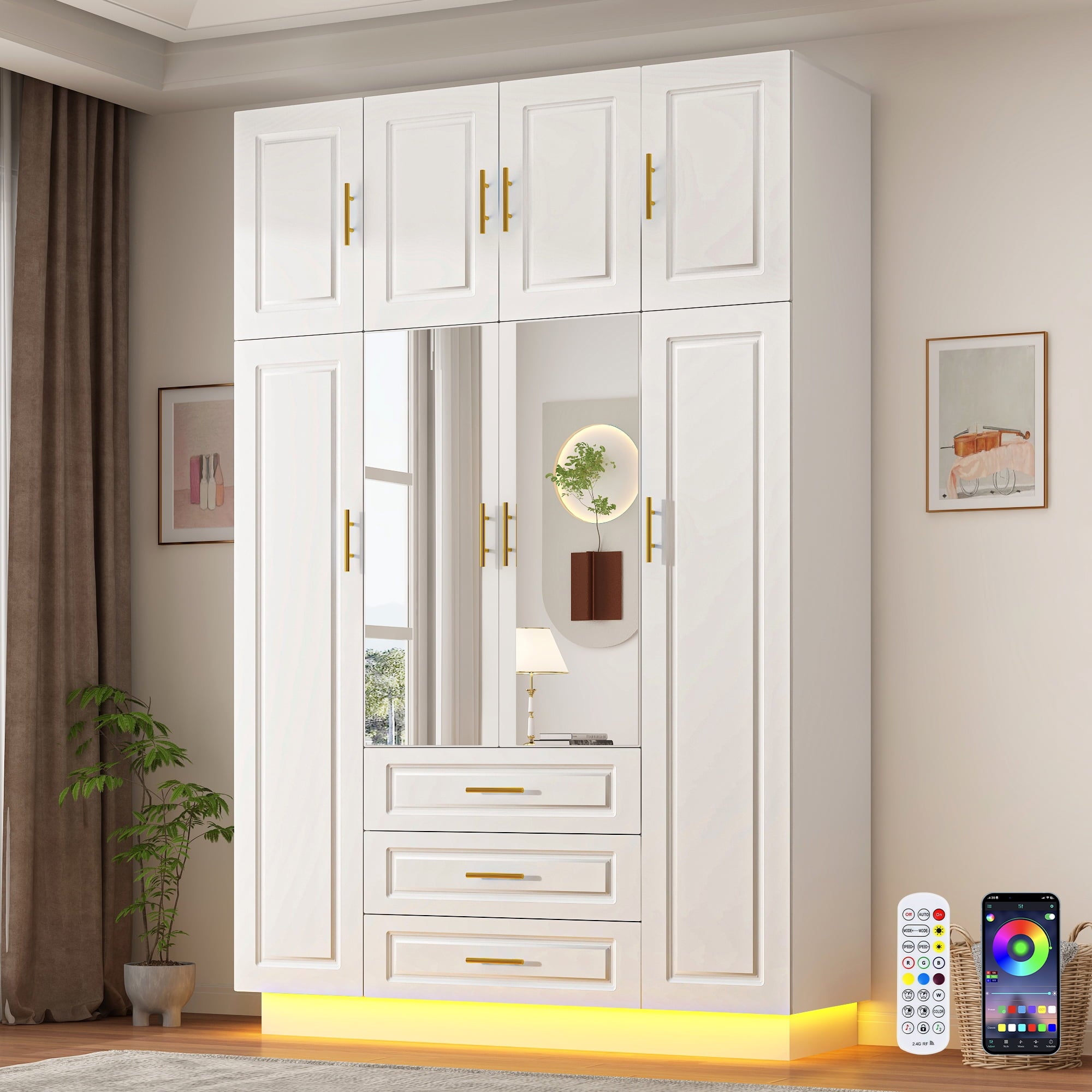ChVans 3 Door Armoire Wardrobe Closet with Top Cabinet and Mirror, 94.5'' LED Wardrobe Armoire with 3 Drawers, Hanging Rod & Multi-Layer Shelves for Bedroom, Black