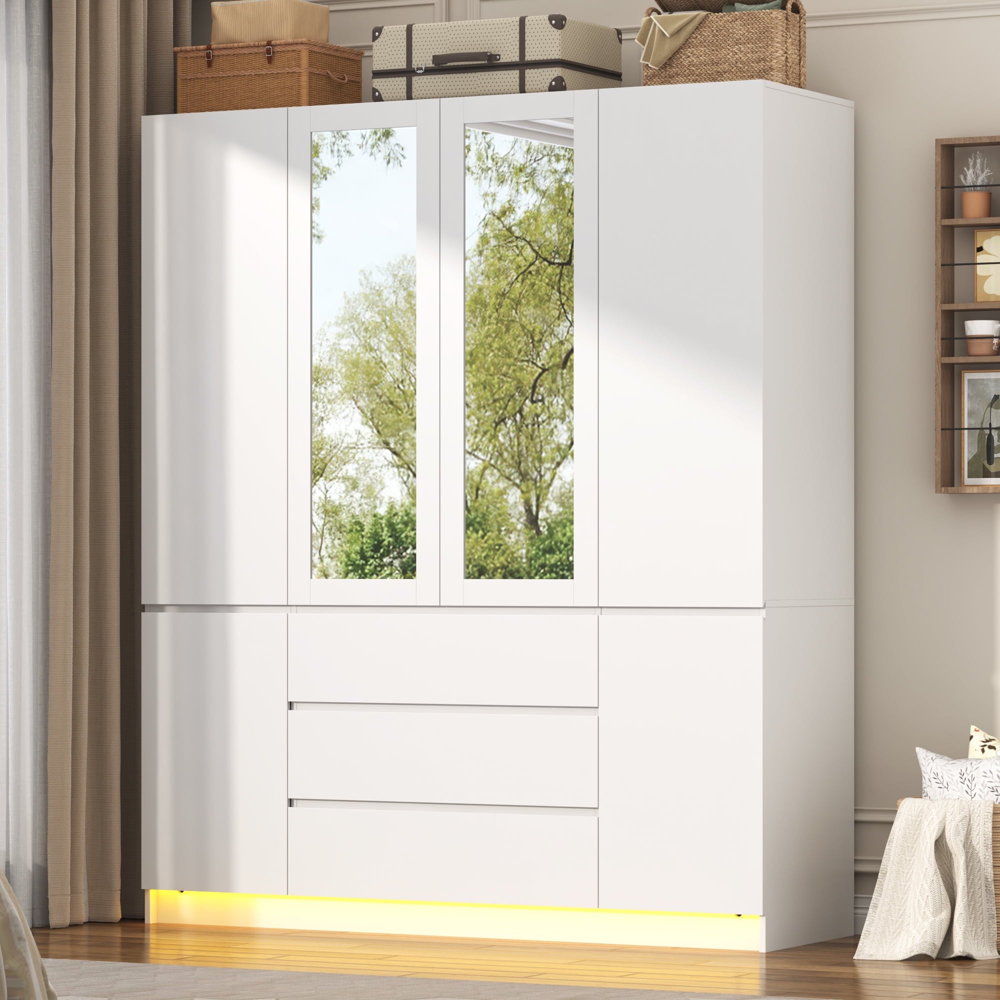 75 Tall 3 Doors Armoire Wardrobe Closet with  3 Drawers and Mirror, Large Wardrobe Closet for Bedroom with LED Lights, Wooden Armoire Storage Cabinet with Hanging Rod, Adjustable shelves (White)