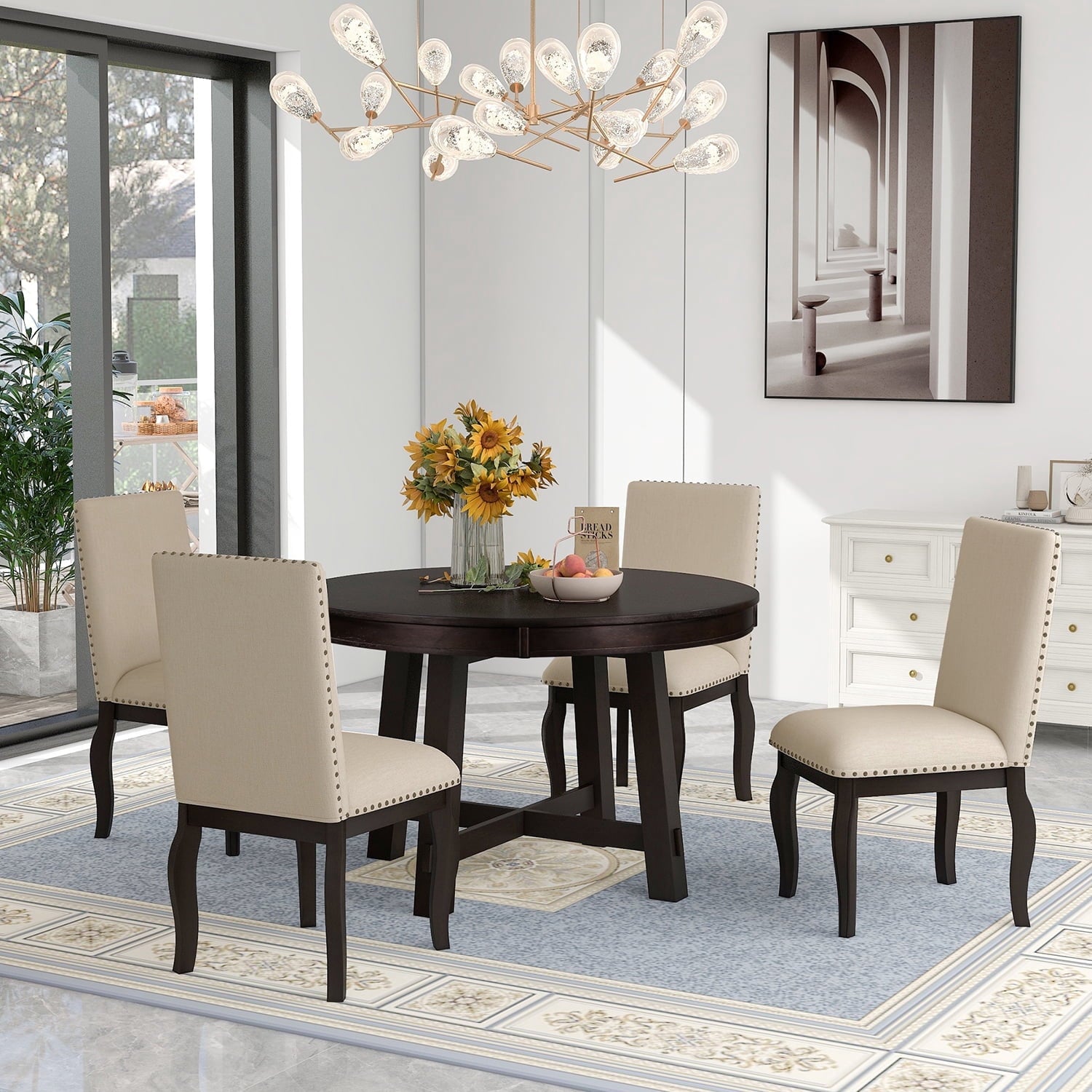 Harper & Bright Designs Extendable Dining Table Set for 4 Upholstered Chairs Functional Retro Style Table for Dining Room Kitchen, Natural Wood Wash