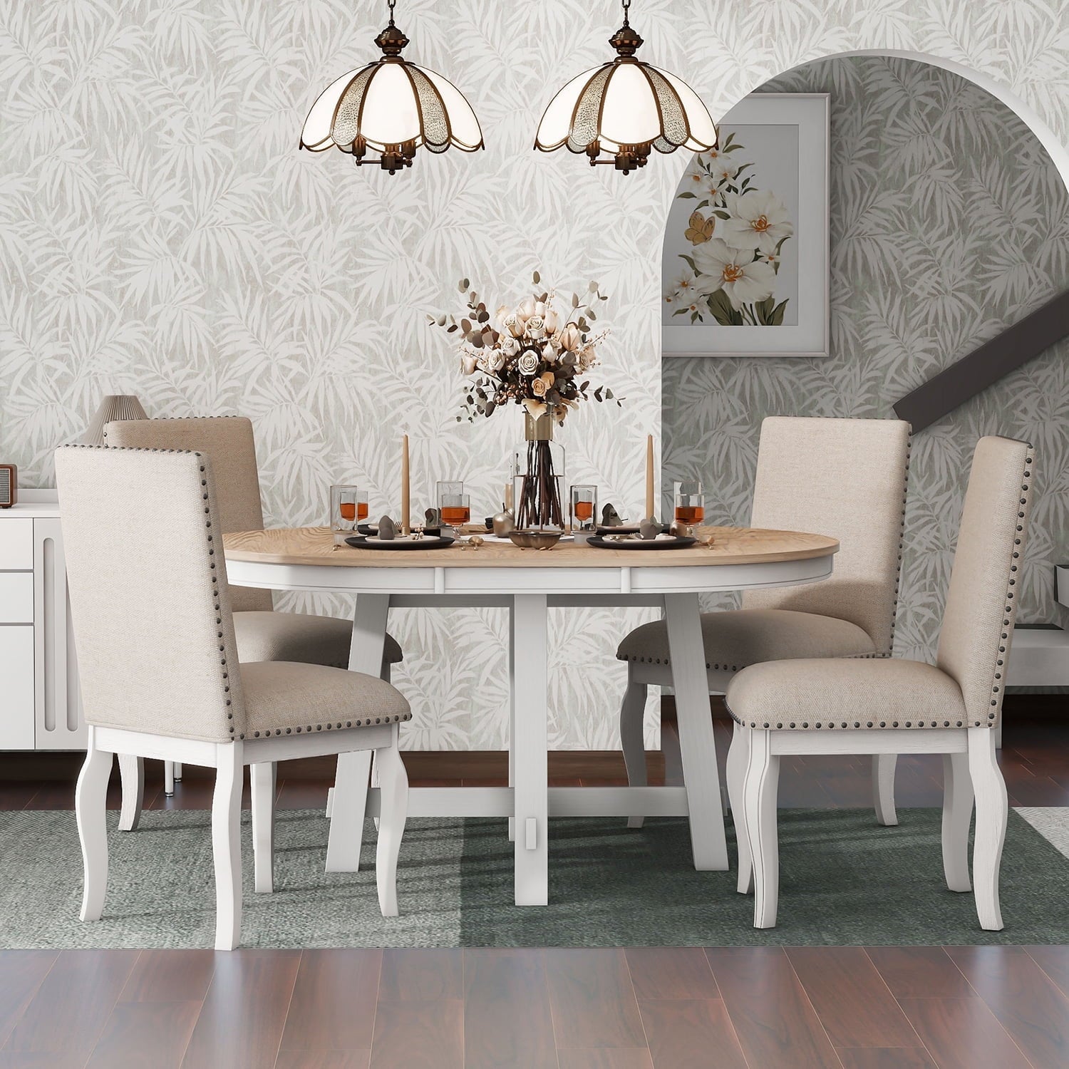Harper & Bright Designs Extendable Dining Table Set for 4 Upholstered Chairs Functional Retro Style Table for Dining Room Kitchen, Natural Wood Wash