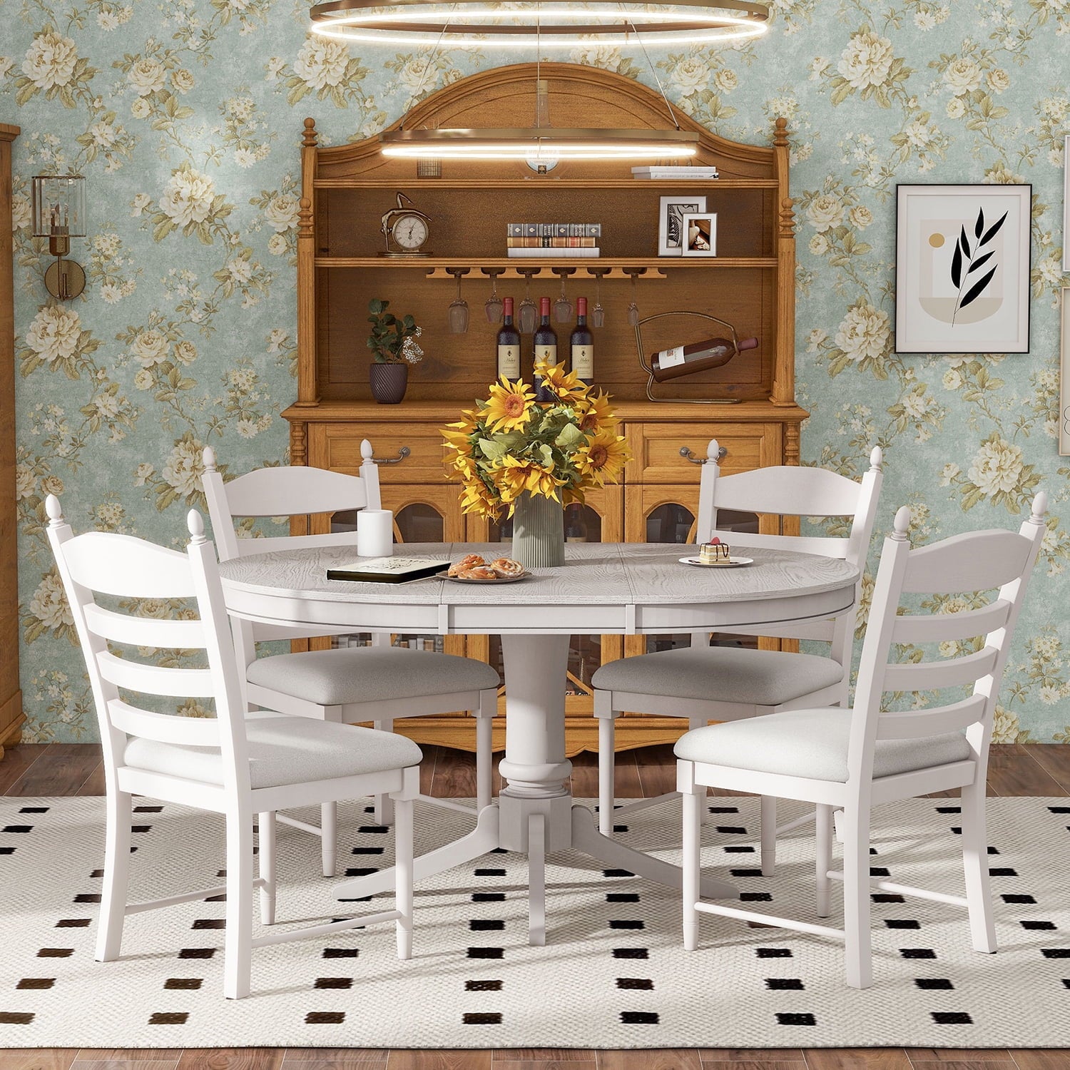 Harper & Bright Designs Farmhouse 5 Piece Kitchen Dining Table Set for 4, Solid Wood Extendable Round Dining Table Set and 4 Upholstered Chairs, Retro Dining Set for Kitchen, Natural Wood Wash