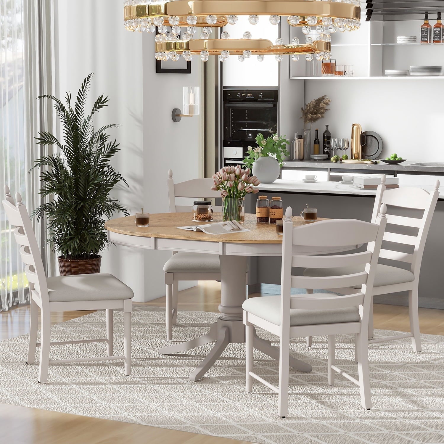 Harper & Bright Designs Farmhouse 5 Piece Kitchen Dining Table Set for 4, Solid Wood Extendable Round Dining Table Set and 4 Upholstered Chairs, Retro Dining Set for Kitchen, Natural Wood Wash