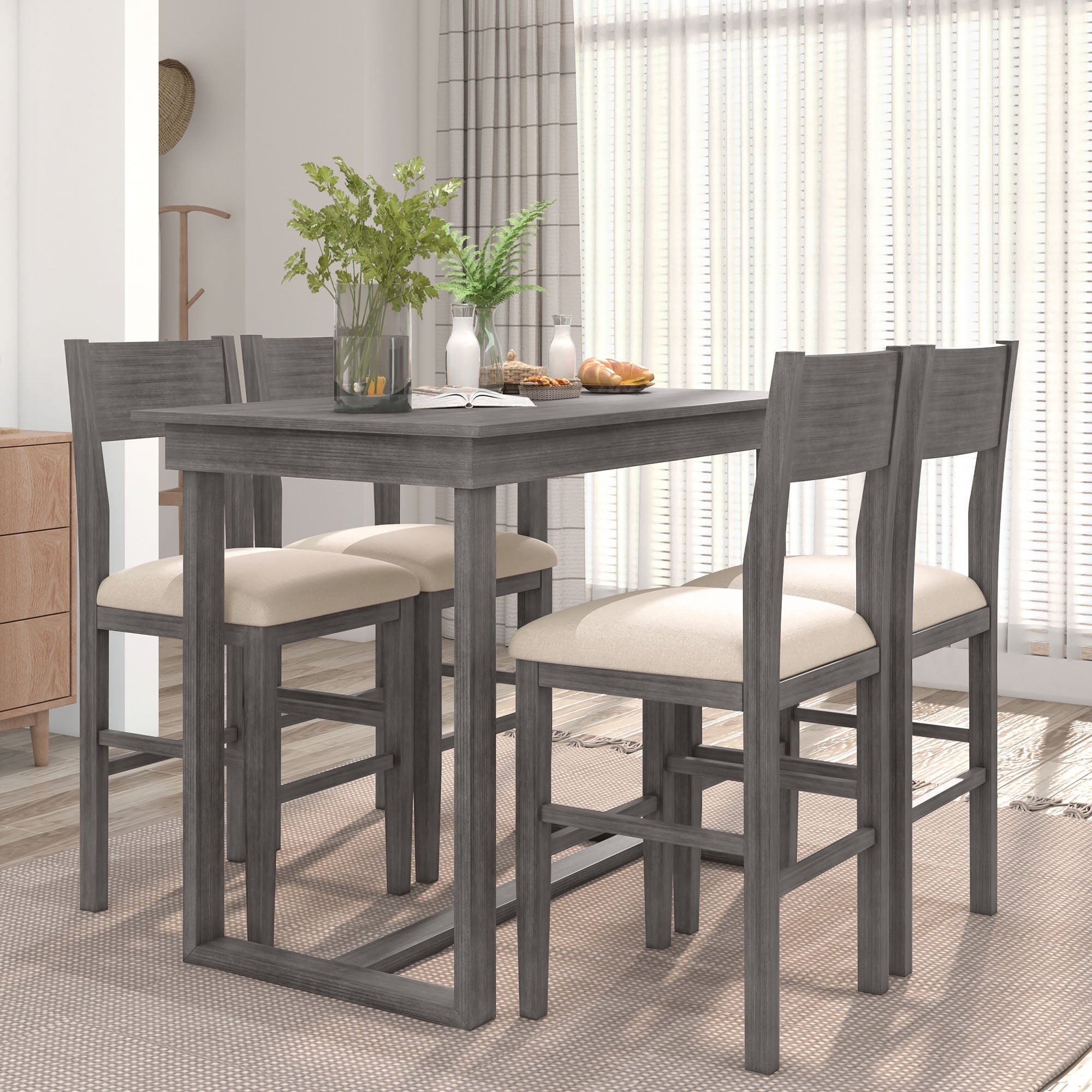 Harper & Bright Designs 5 Piece Dining Table Set Counter Height Dining Set with Classic Elegant Rectangel Table and 4 Padded Chairs for Kitchen Dining Room, Black and Beige