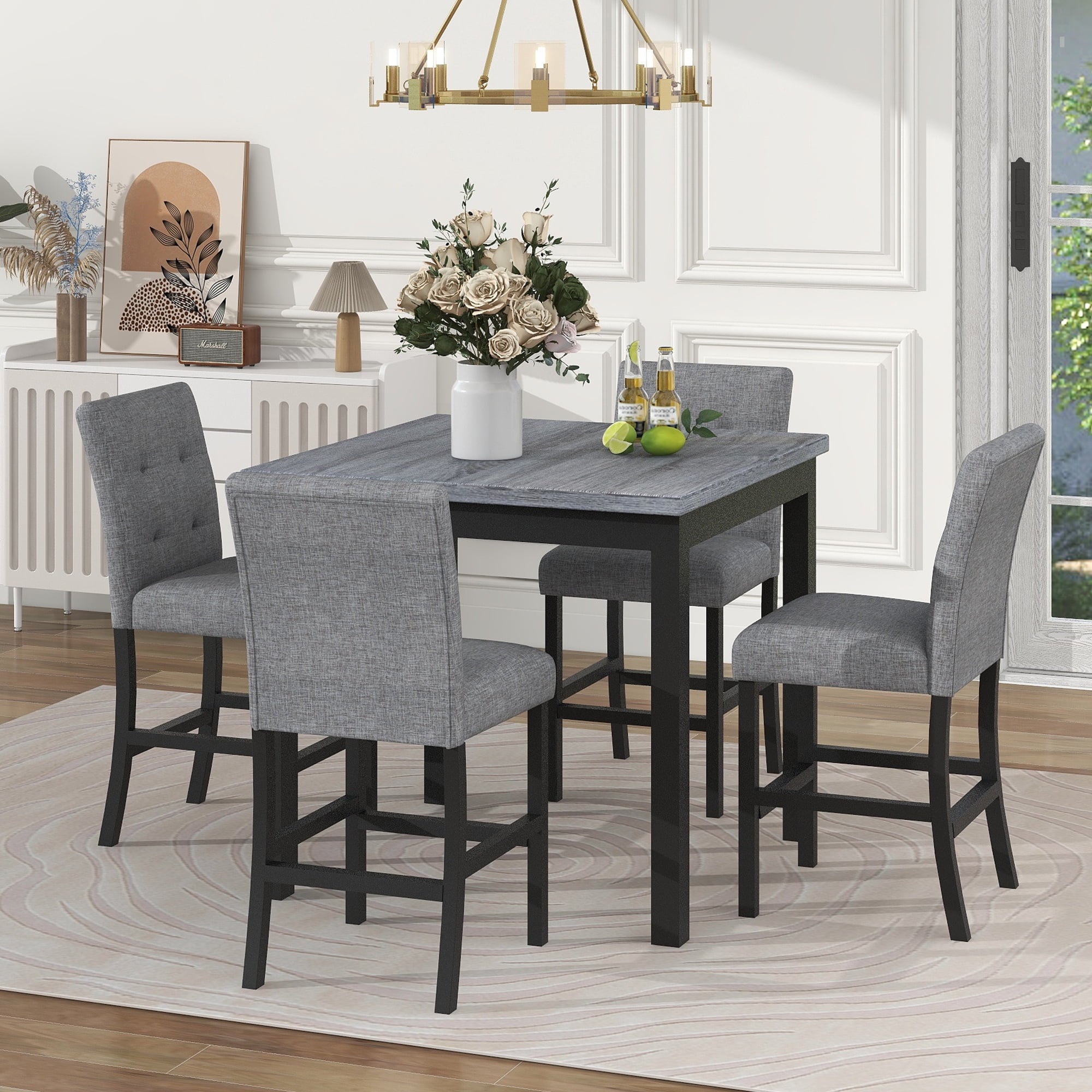 Harper & Bright Designs 5 Piece Dining Table Set Counter Height Dining Set with Classic Elegant Rectangel Table and 4 Padded Chairs for Kitchen Dining Room, Black and Beige