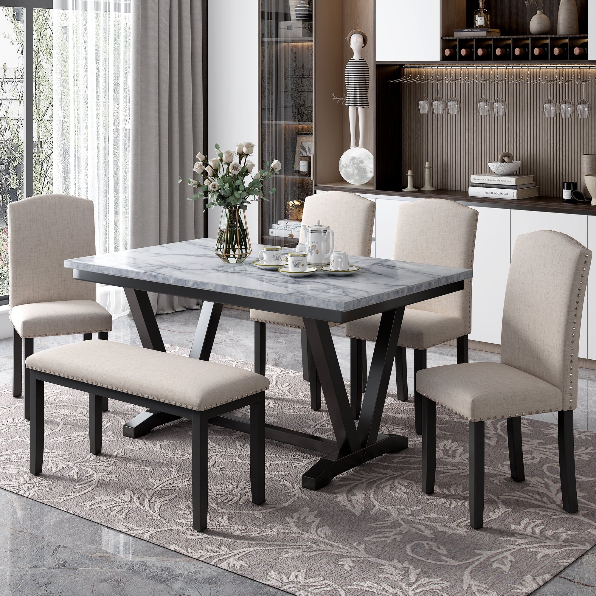 Harper & Bright Designs Dining Table Set for 6 with Bench Rectangular Table and 4 Upholstered Chairs for Kitchen, Gary