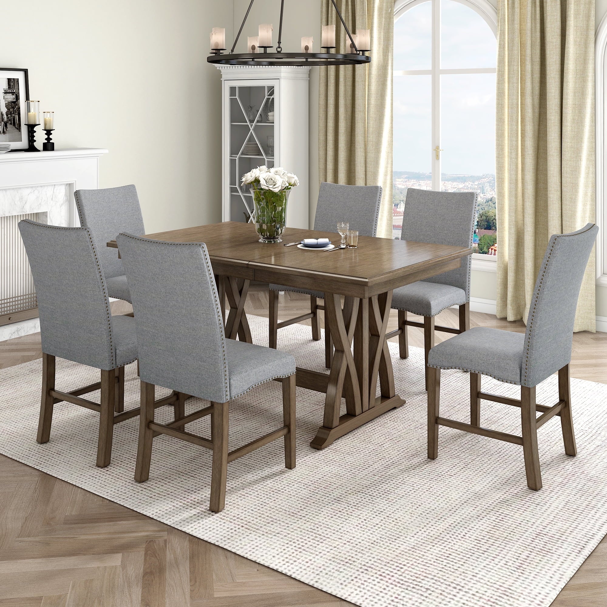 Harper & Bright Designs 7 Pieces Retro Dining Set for 6, Wood Rectangular Table with Designed Trestle Base and 6 Upholstered Chairs for Dining Room and Kitchen, Grey