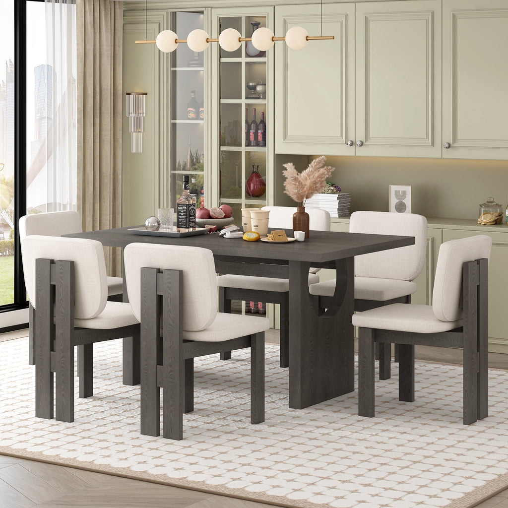 Harper & Bright Designs 7 Pieces Retro Dining Set for 6, Wood Rectangular Table with Designed Trestle Base and 6 Upholstered Chairs for Dining Room and Kitchen, Grey