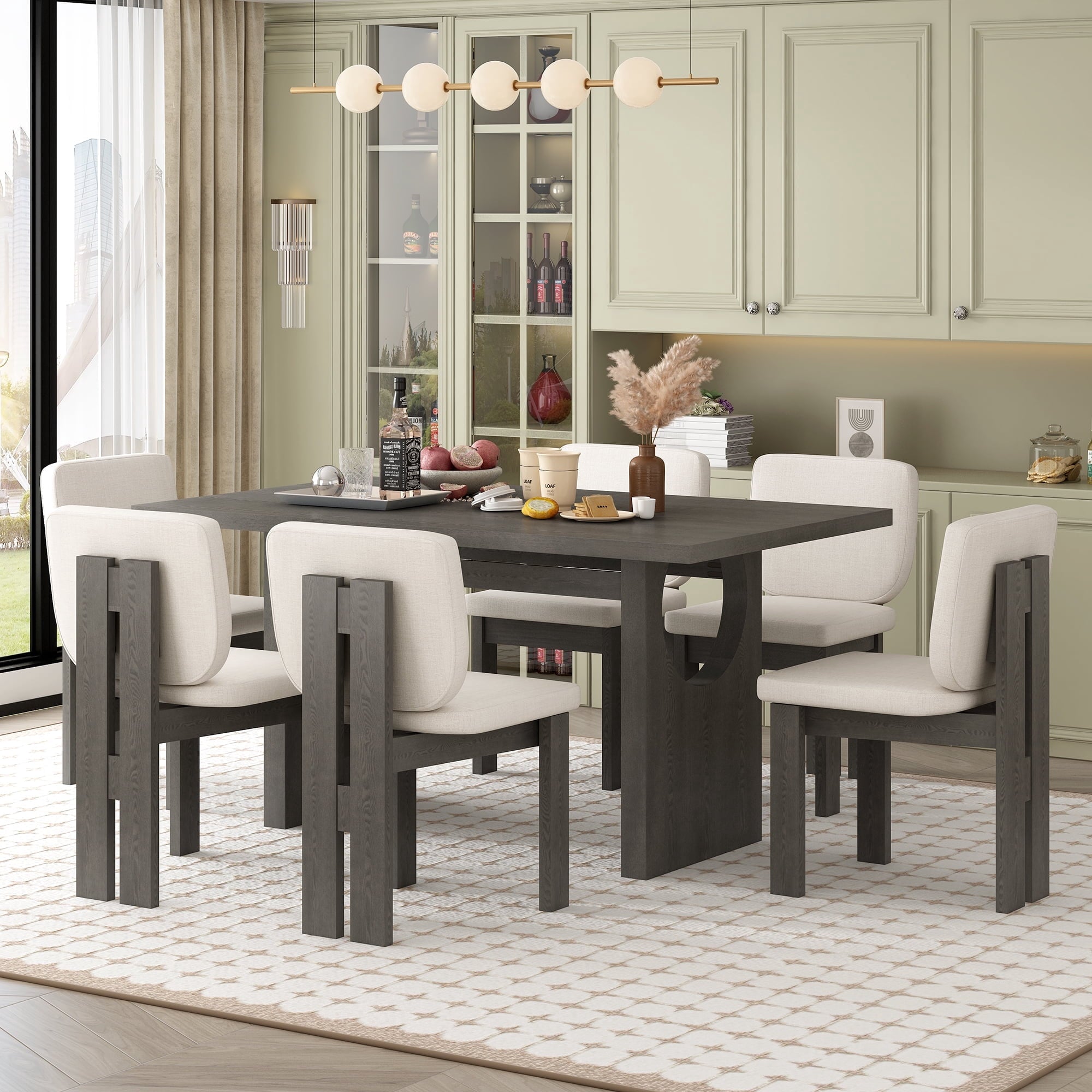 Harper & Bright Designs 7 Pieces Retro Dining Set for 6, Wood Rectangular Table with Designed Trestle Base and 6 Upholstered Chairs for Dining Room and Kitchen, Grey