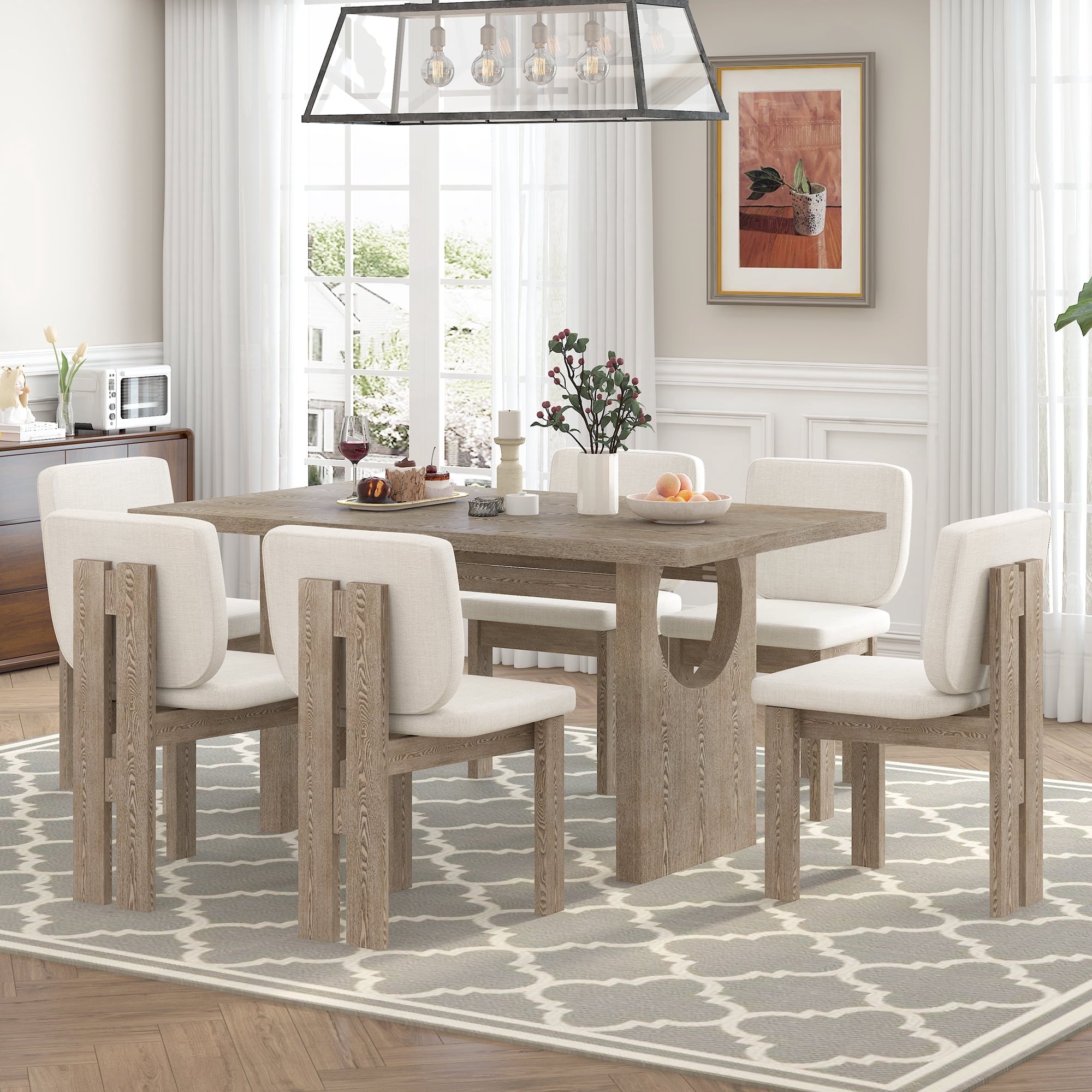 Harper & Bright Designs 7 Pieces Retro Dining Set for 6, Wood Rectangular Table with Designed Trestle Base and 6 Upholstered Chairs for Dining Room and Kitchen, Grey