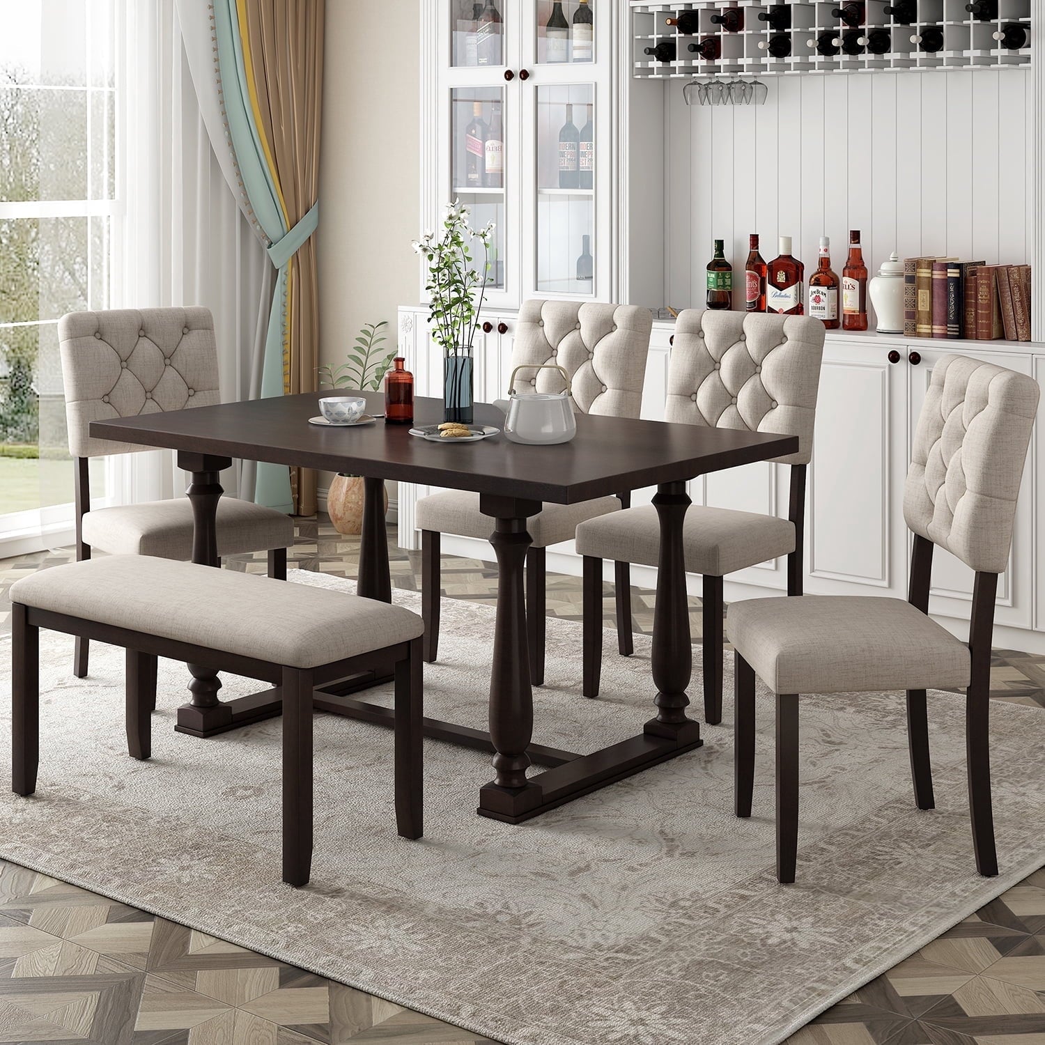 Harper & Bright Designs Dining Table Set for 6 with Bench Rectangular Table and 4 Upholstered Chairs for Kitchen, Gary
